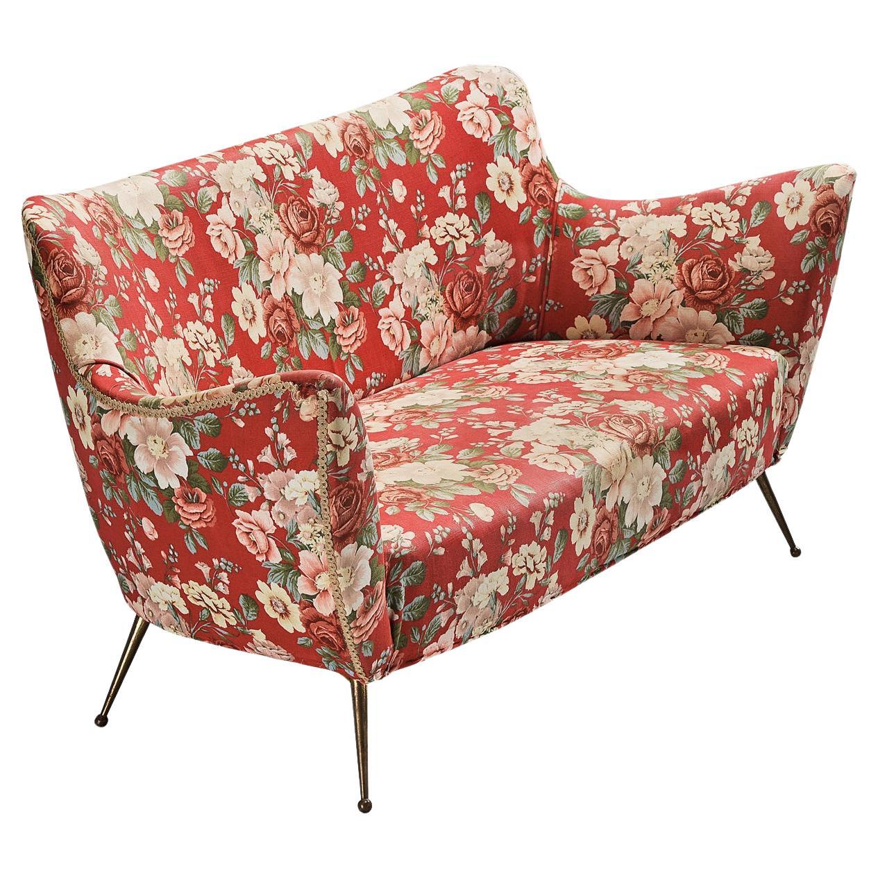 ISA Bergamo Italian Sofa in Brass and Floral Upholstery