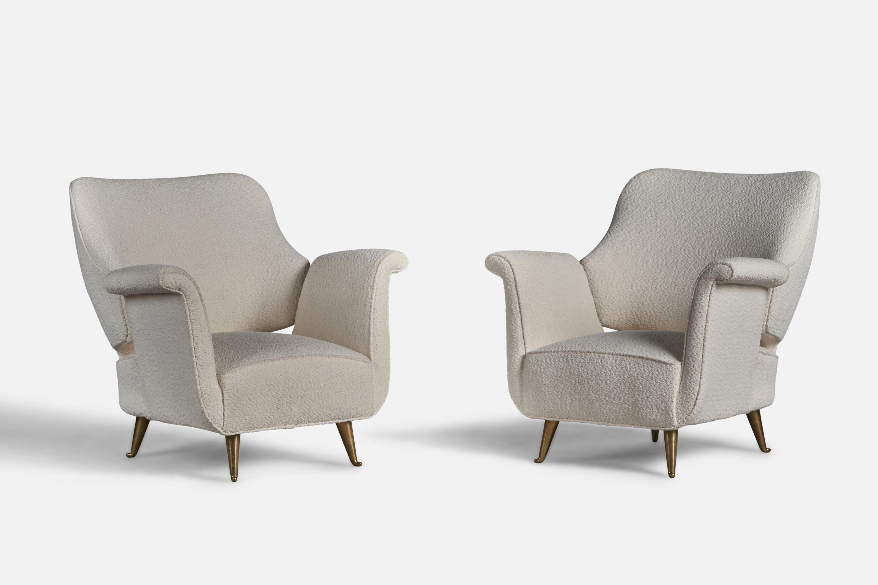 A pair of brass and white bouclé fabric lounge chairs, designed and produced by ISA Bergamo, Italy, 1950s.

13.5” seat height