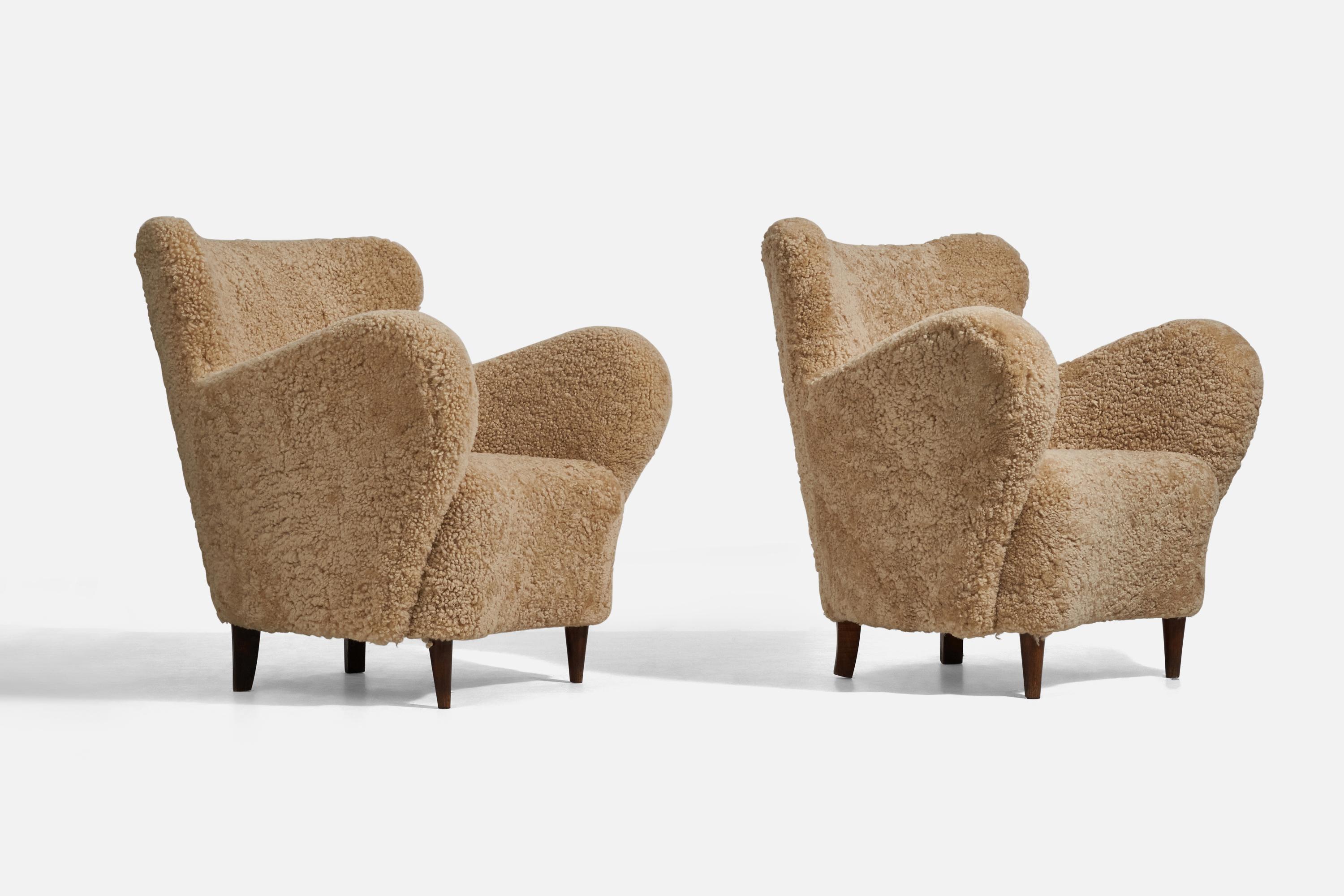 Mid-Century Modern ISA Bergamo, Lounge Chairs, Shearling, Wood, Italy, 1952