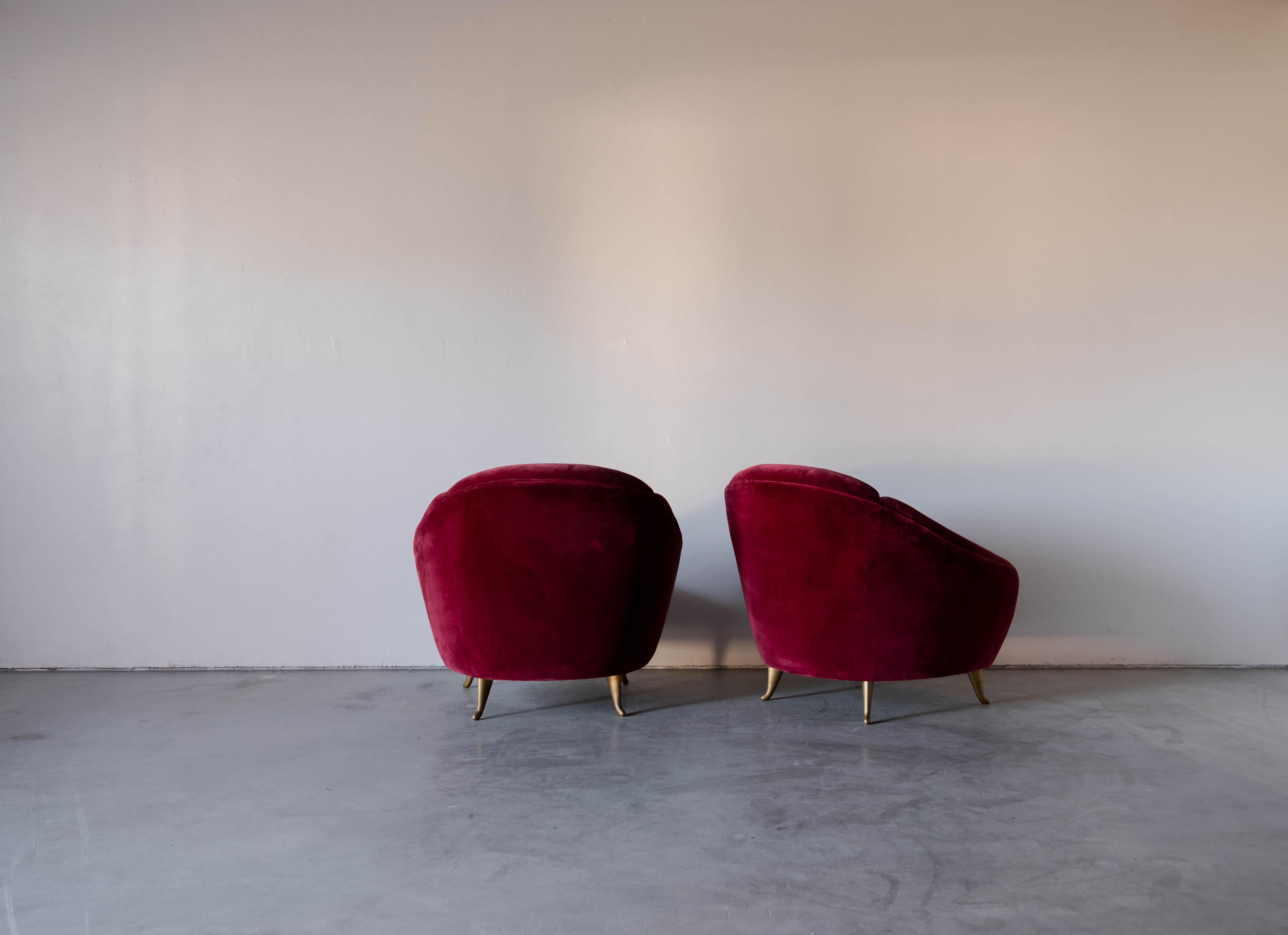 Italian ISA Bergamo, Organic Lounge Chairs, Red Velvet, Brass, Italy, 1950s
