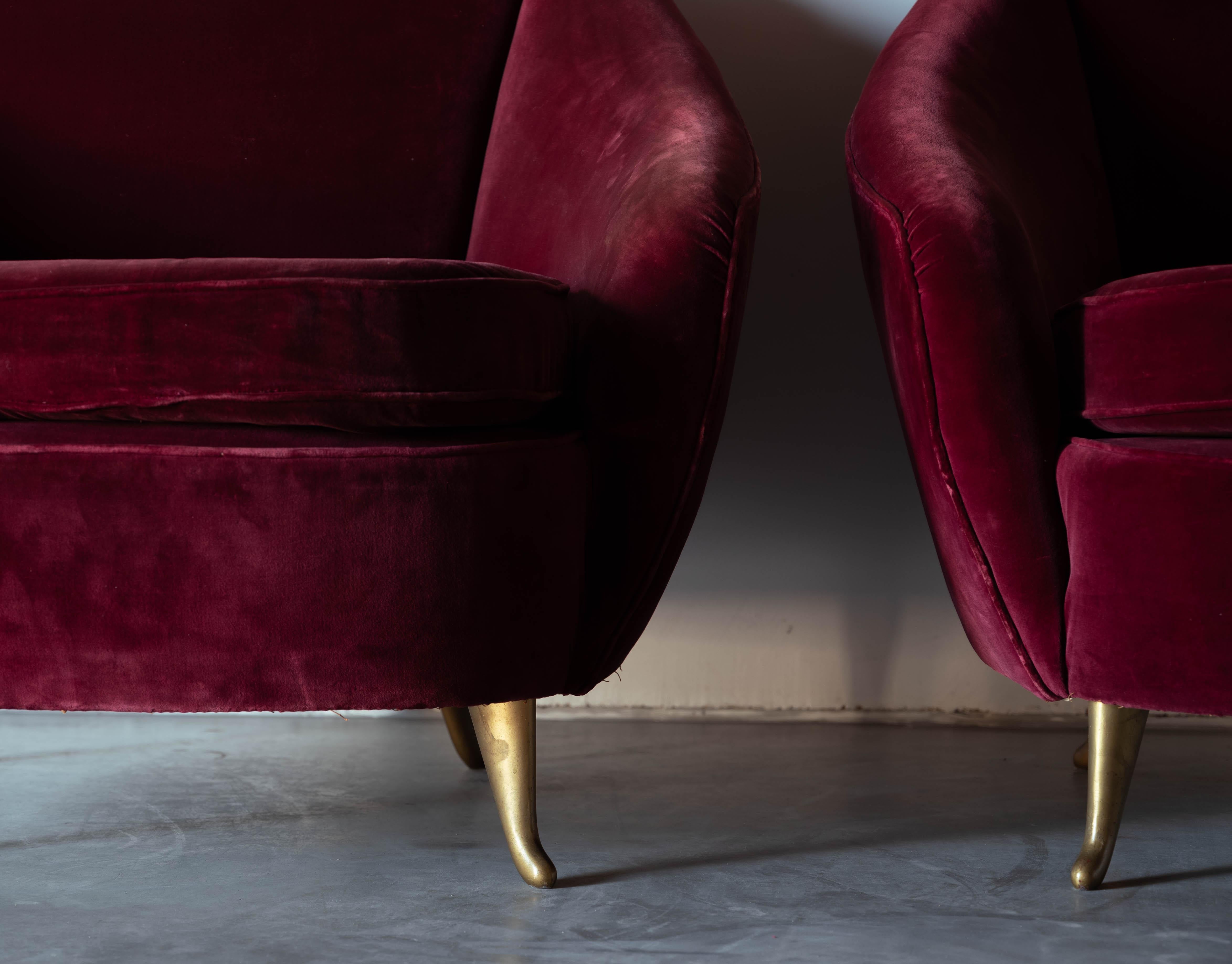 ISA Bergamo, Organic Lounge Chairs, Red Velvet, Brass, Italy, 1950s 1
