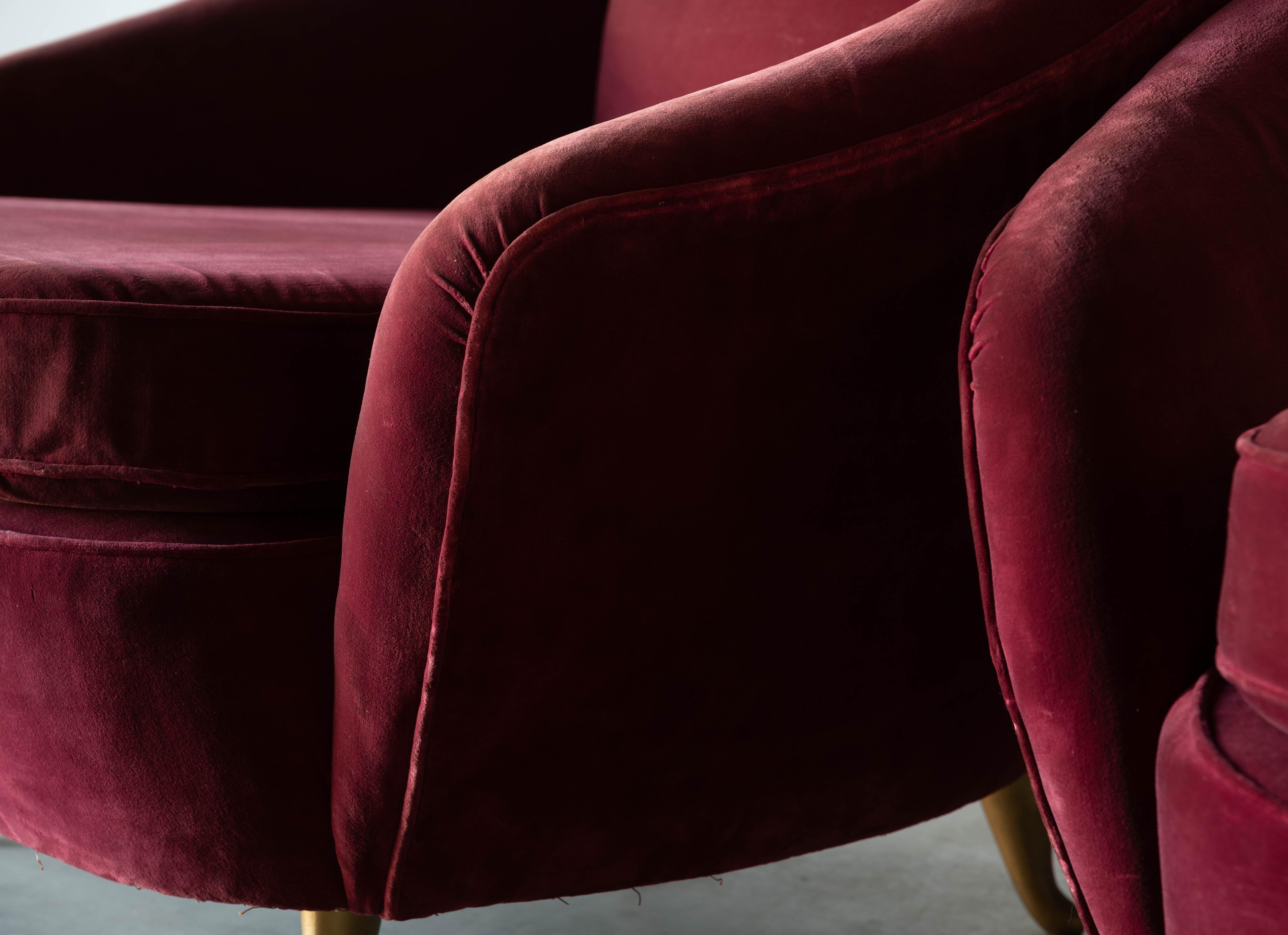 ISA Bergamo, Organic Lounge Chairs, Red Velvet, Brass, Italy, 1950s 2