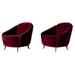 ISA Bergamo, Organic Lounge Chairs, Red Velvet, Brass, Italy, 1950s