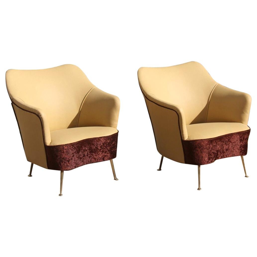 ISA Bergamo Coppia di Poltrone Design Italiano Mid-Century Modern Piedi in Ottone Marrone