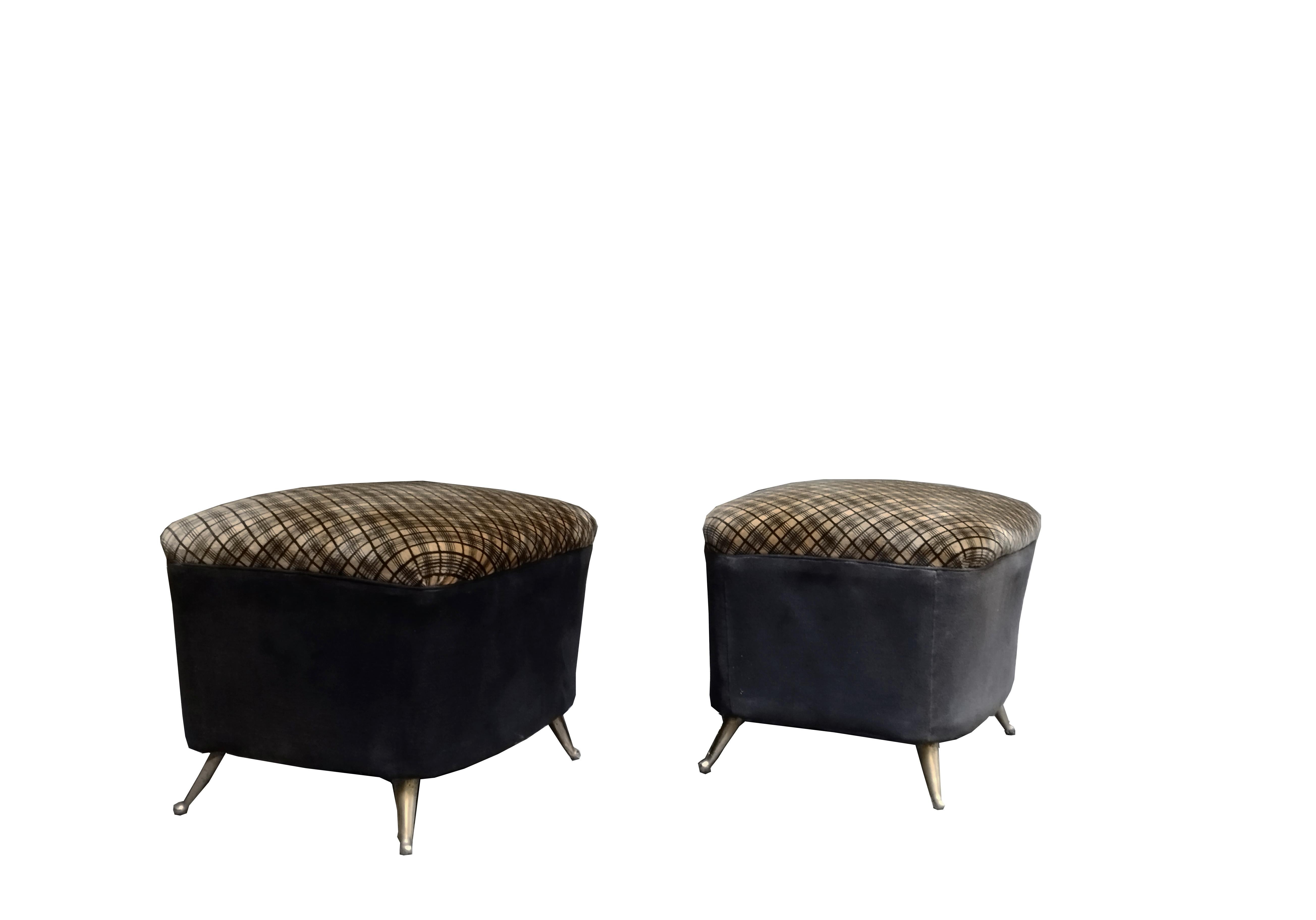 Original pair of 1950s Italian stools in original velvet and brass feet.
