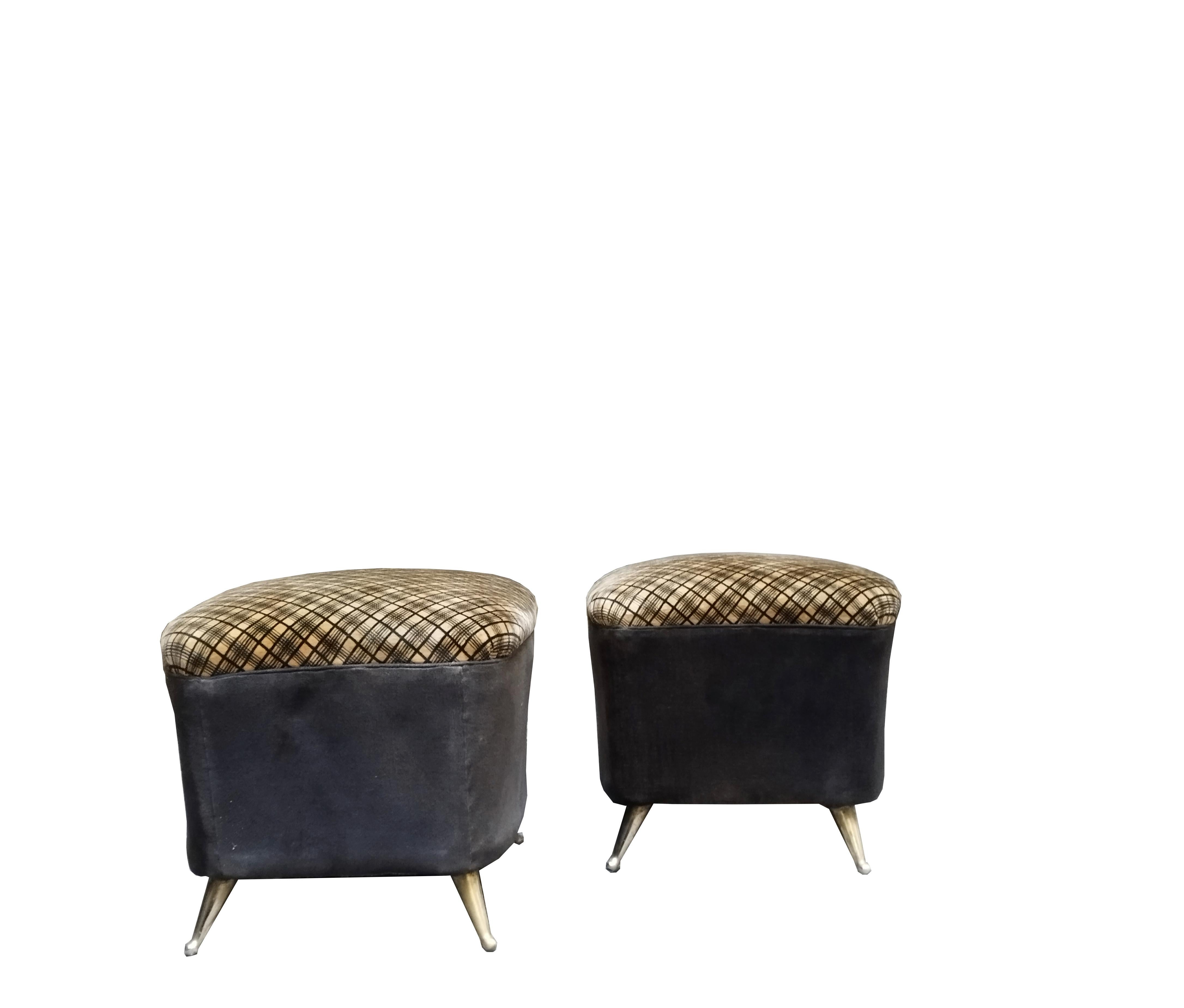 Mid-Century Modern ISA Bergamo Pair of Fabric and Brass Ottomans, Italy, 1950s For Sale