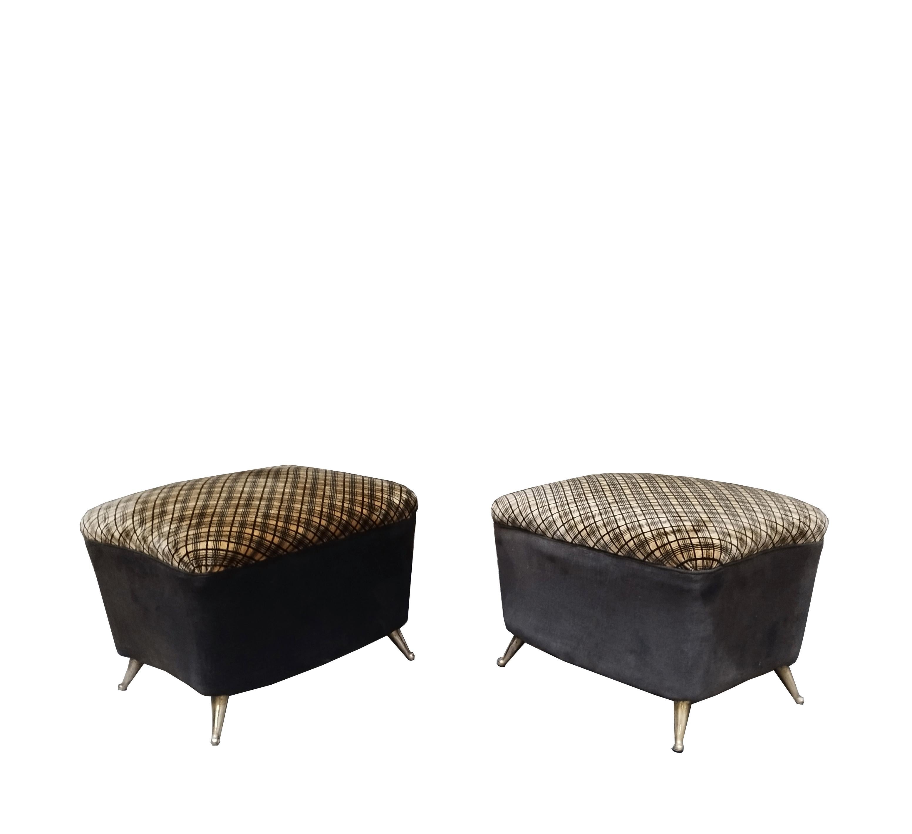 Italian ISA Bergamo Pair of Fabric and Brass Ottomans, Italy, 1950s For Sale