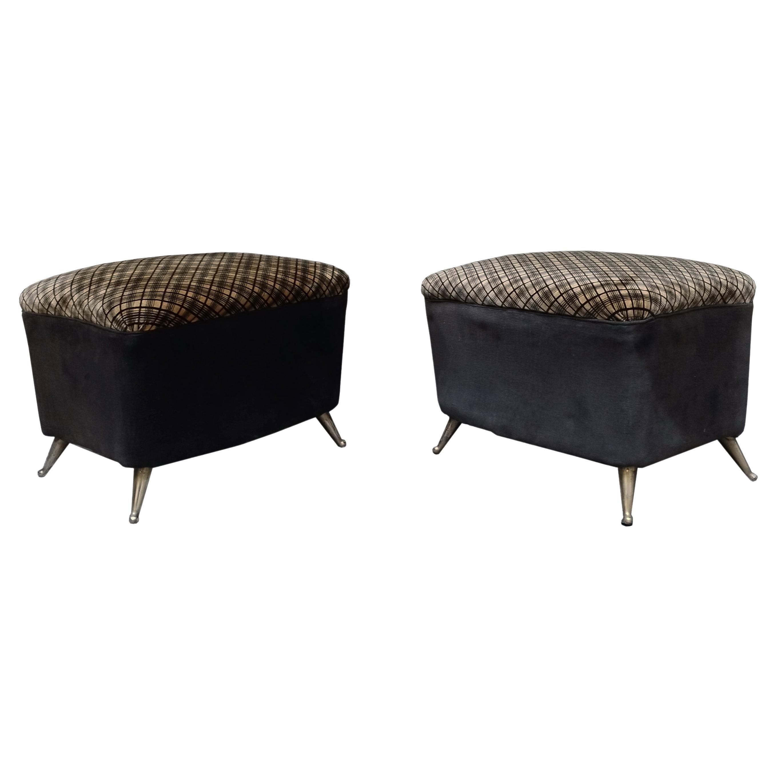 ISA Bergamo Pair of Fabric and Brass Ottomans, Italy, 1950s For Sale