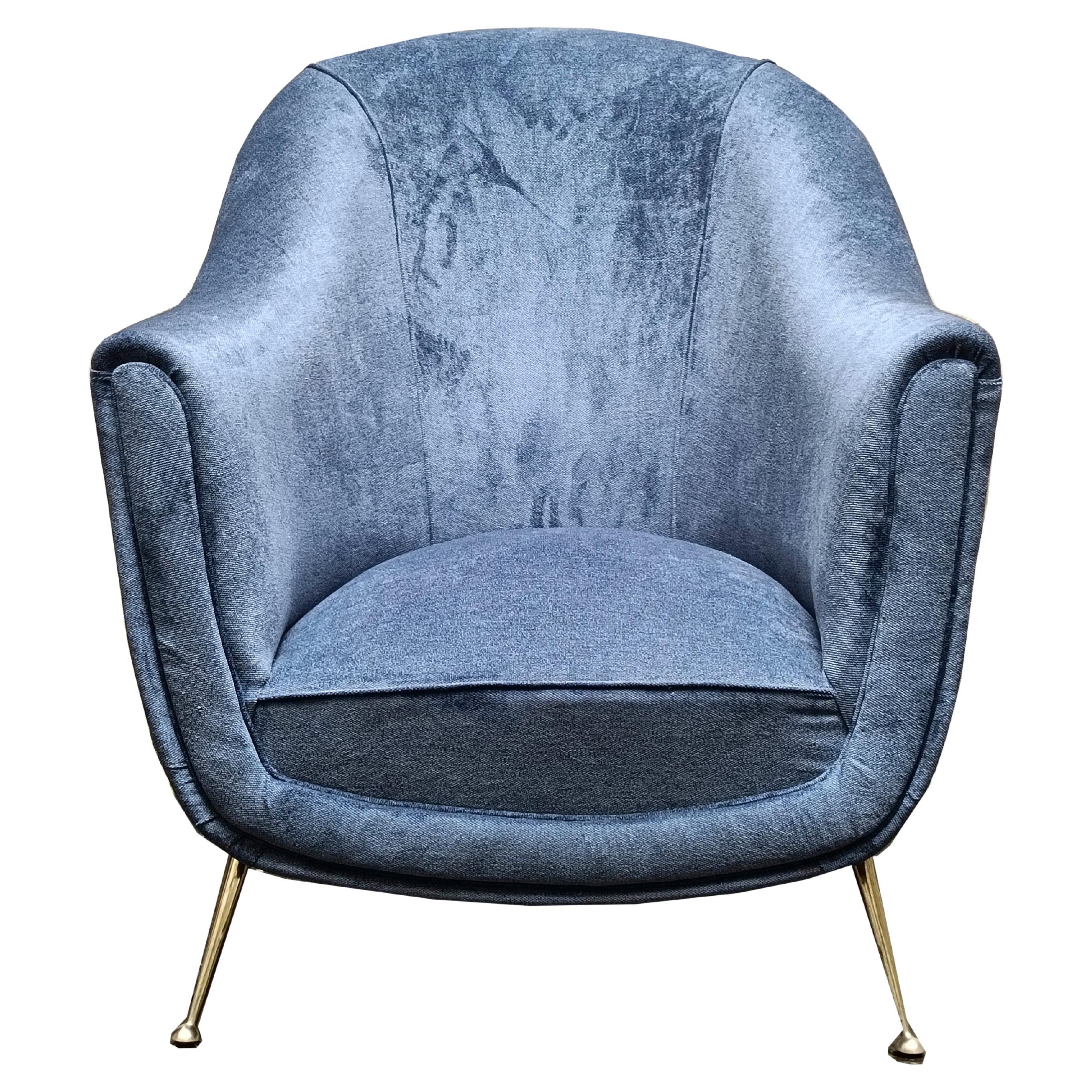 Isa Bergamo Light Blue Velvet Armchair, Italy 1950s