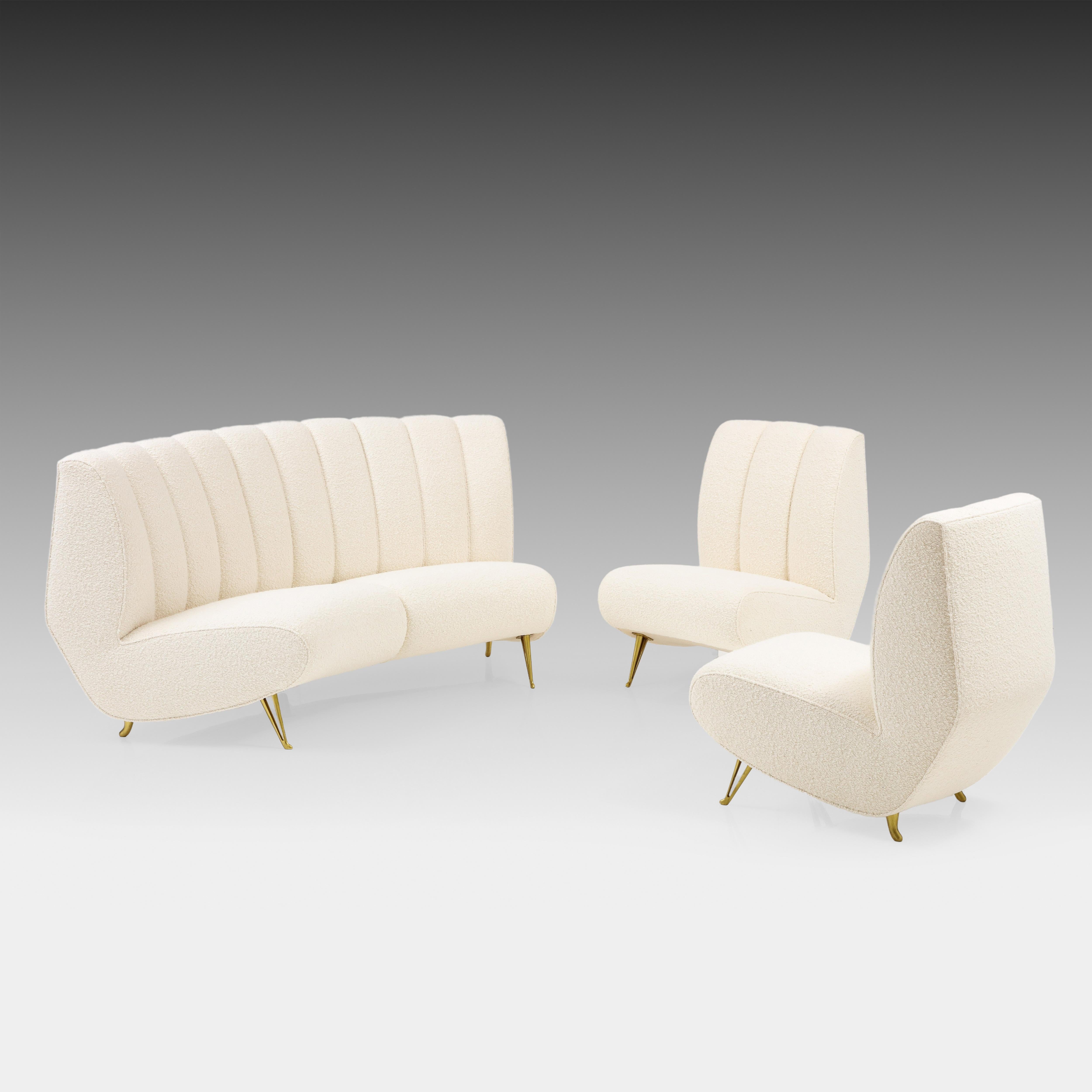 ISA Bergamo Rare Curved Settee in Ivory Bouclé, Italy, 1950s For Sale 7