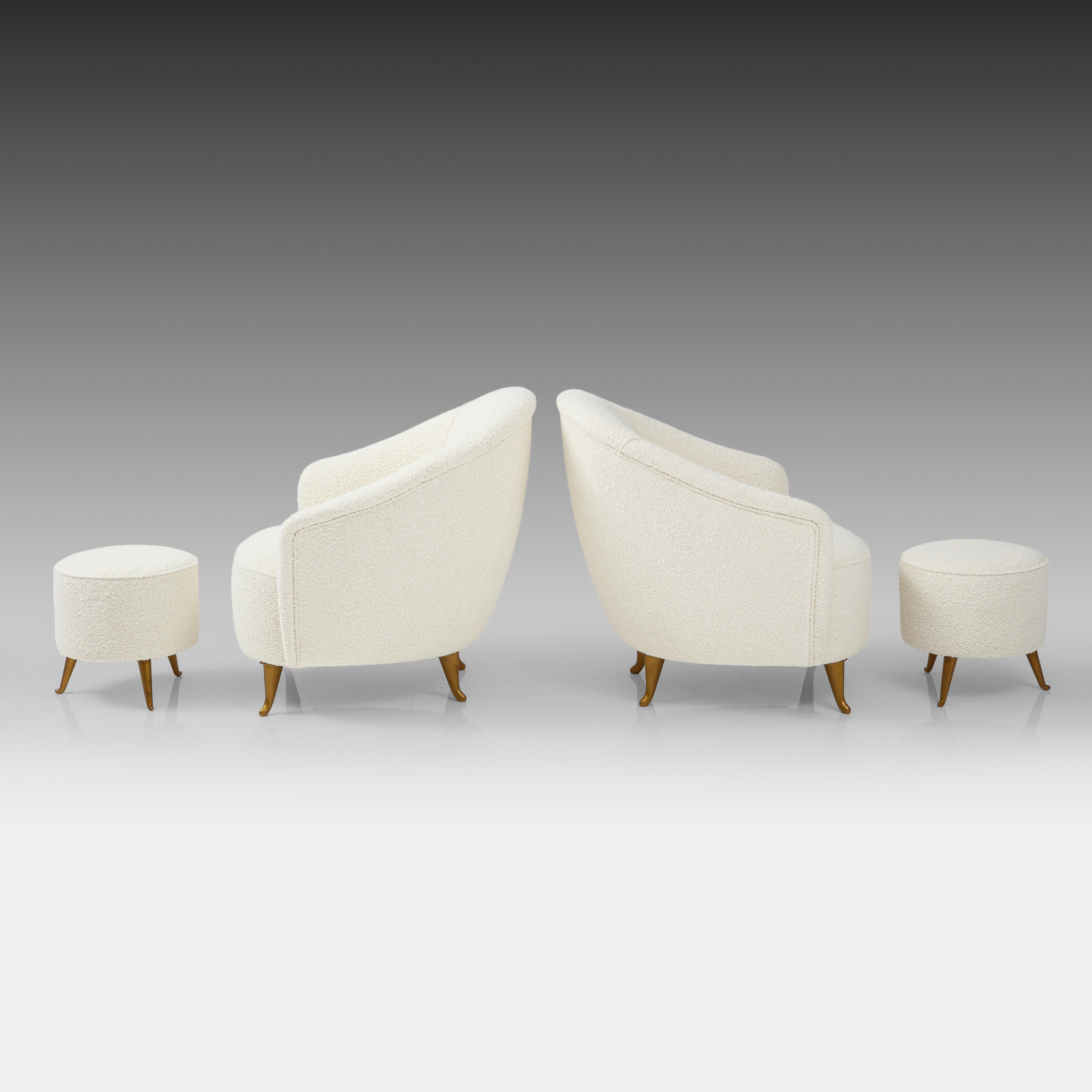 Mid-Century Modern ISA Bergamo Rare Pair of Armchairs in Ivory Bouclé with Matching Ottomans, 1950s