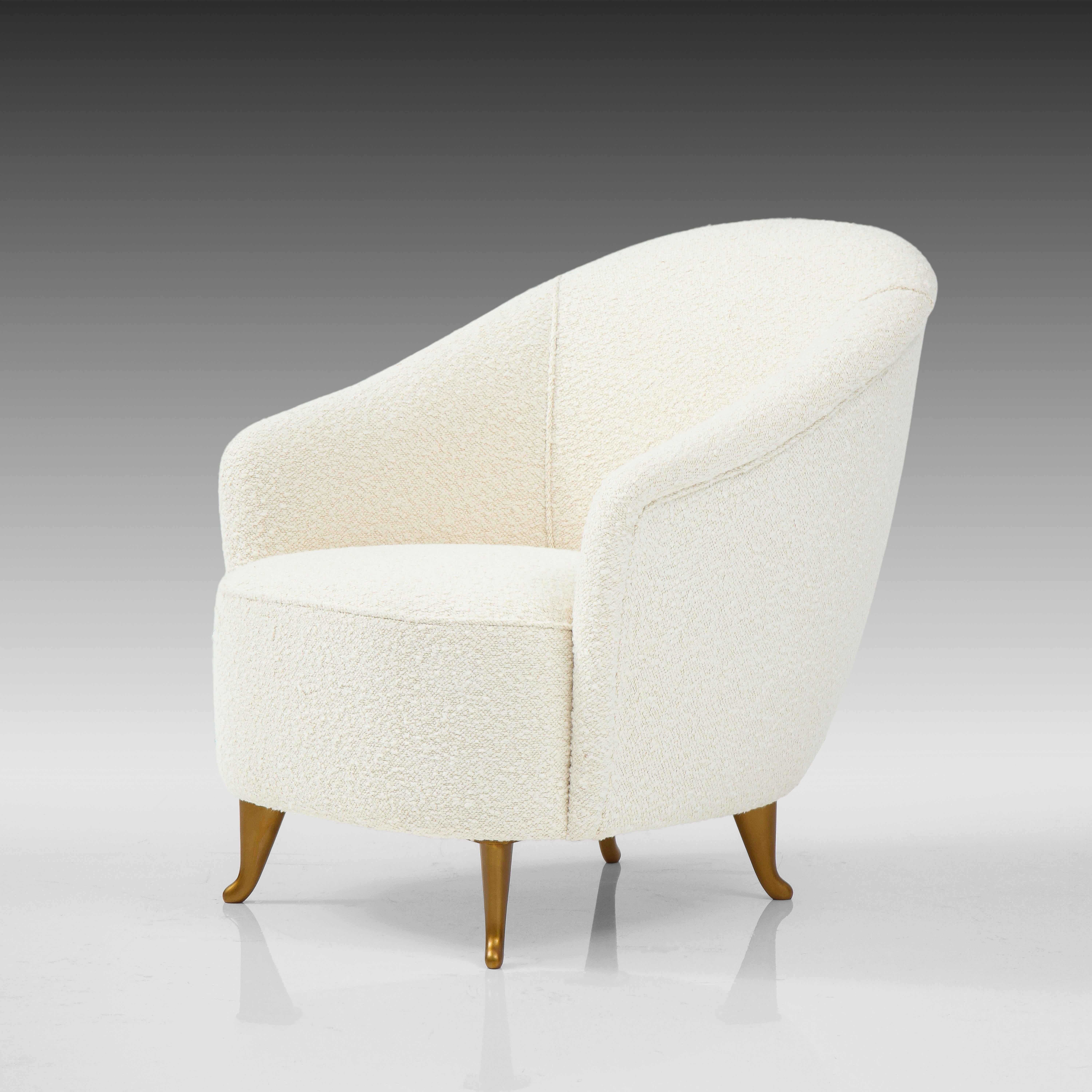 Gilt ISA Bergamo Rare Pair of Armchairs in Ivory Bouclé with Matching Ottomans, 1950s