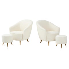 ISA Bergamo Rare Pair of Armchairs in Ivory Bouclé with Matching Ottomans, 1950s
