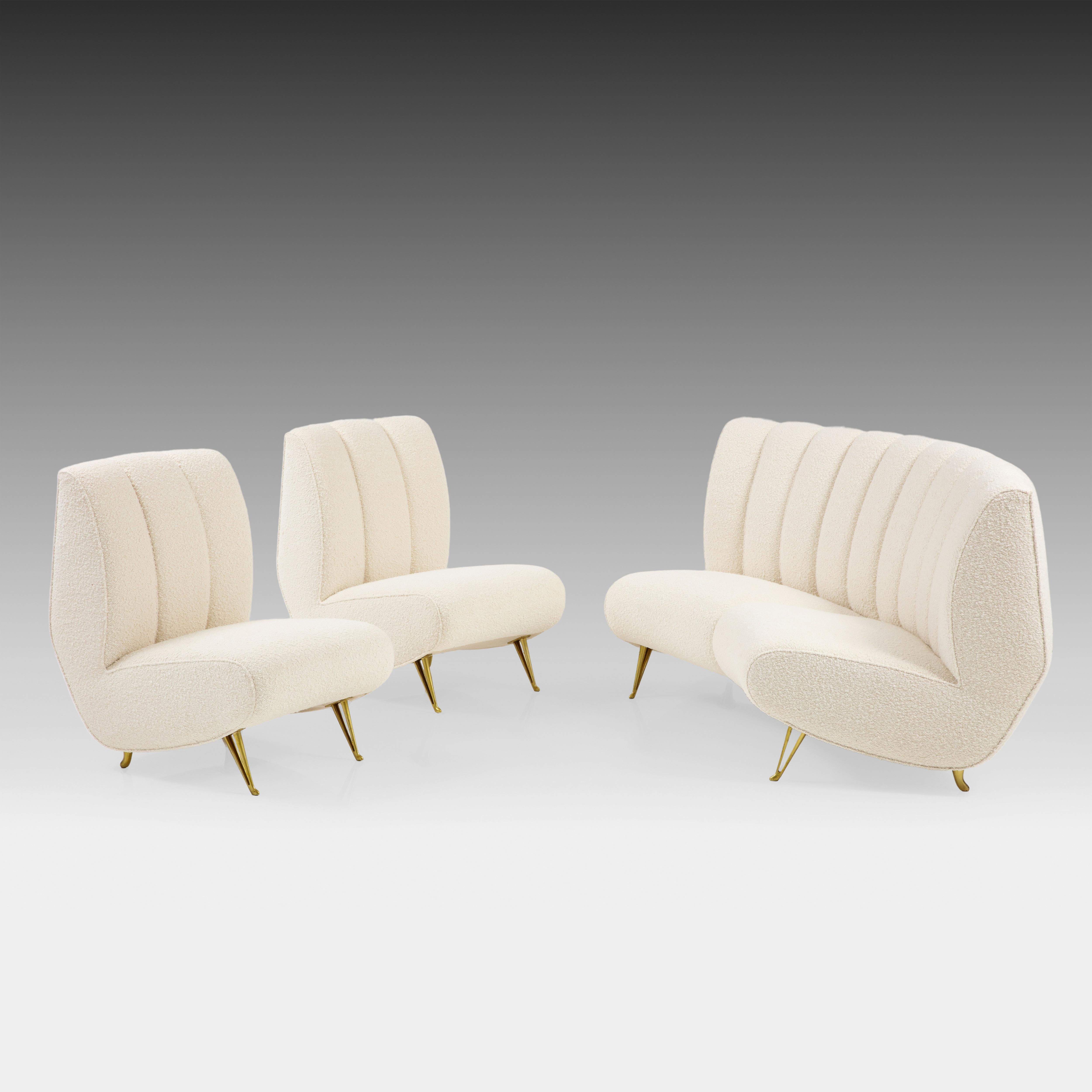 ISA Bergamo Rare Pair of Lounge or Slipper Chairs in Ivory Bouclé, Italy, 1950s For Sale 4