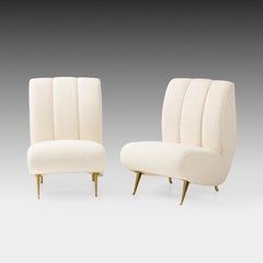 ISA Bergamo Rare Pair of Lounge or Slipper Chairs in Ivory Bouclé, Italy, 1950s