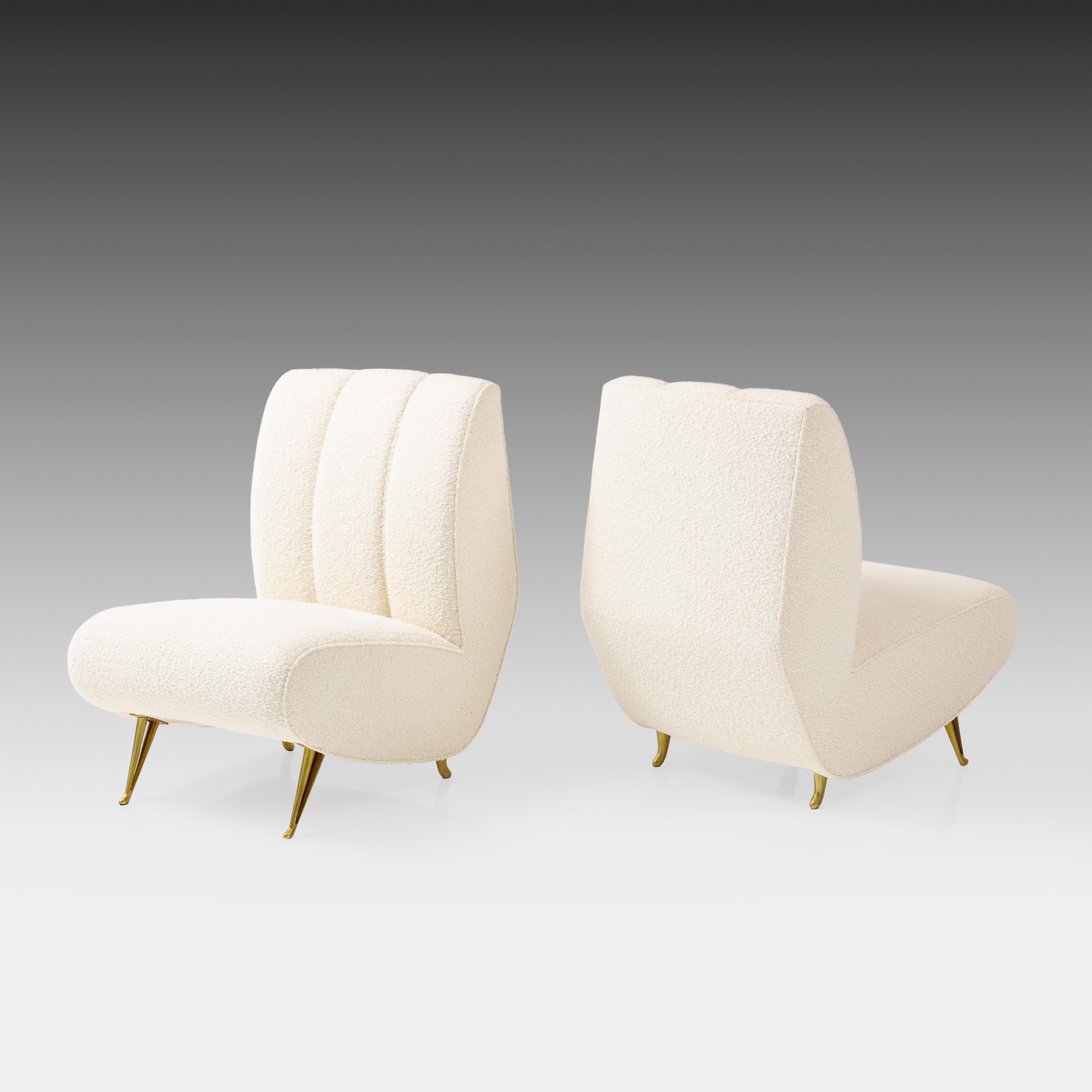 Mid-20th Century ISA Bergamo Rare Pair of Lounge or Slipper Chairs in Ivory Bouclé, Italy, 1950s For Sale