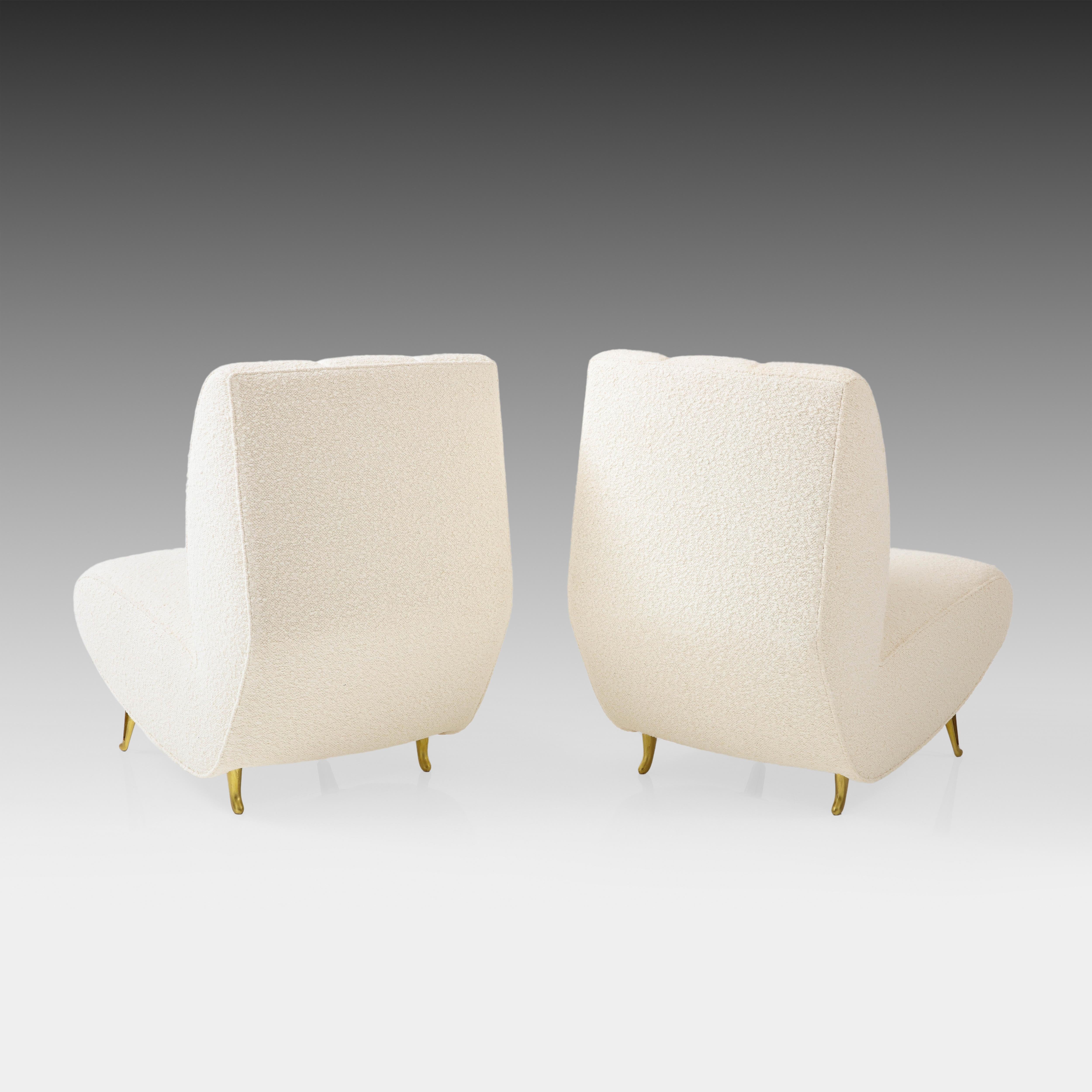 Metal ISA Bergamo Rare Pair of Lounge or Slipper Chairs in Ivory Bouclé, Italy, 1950s For Sale