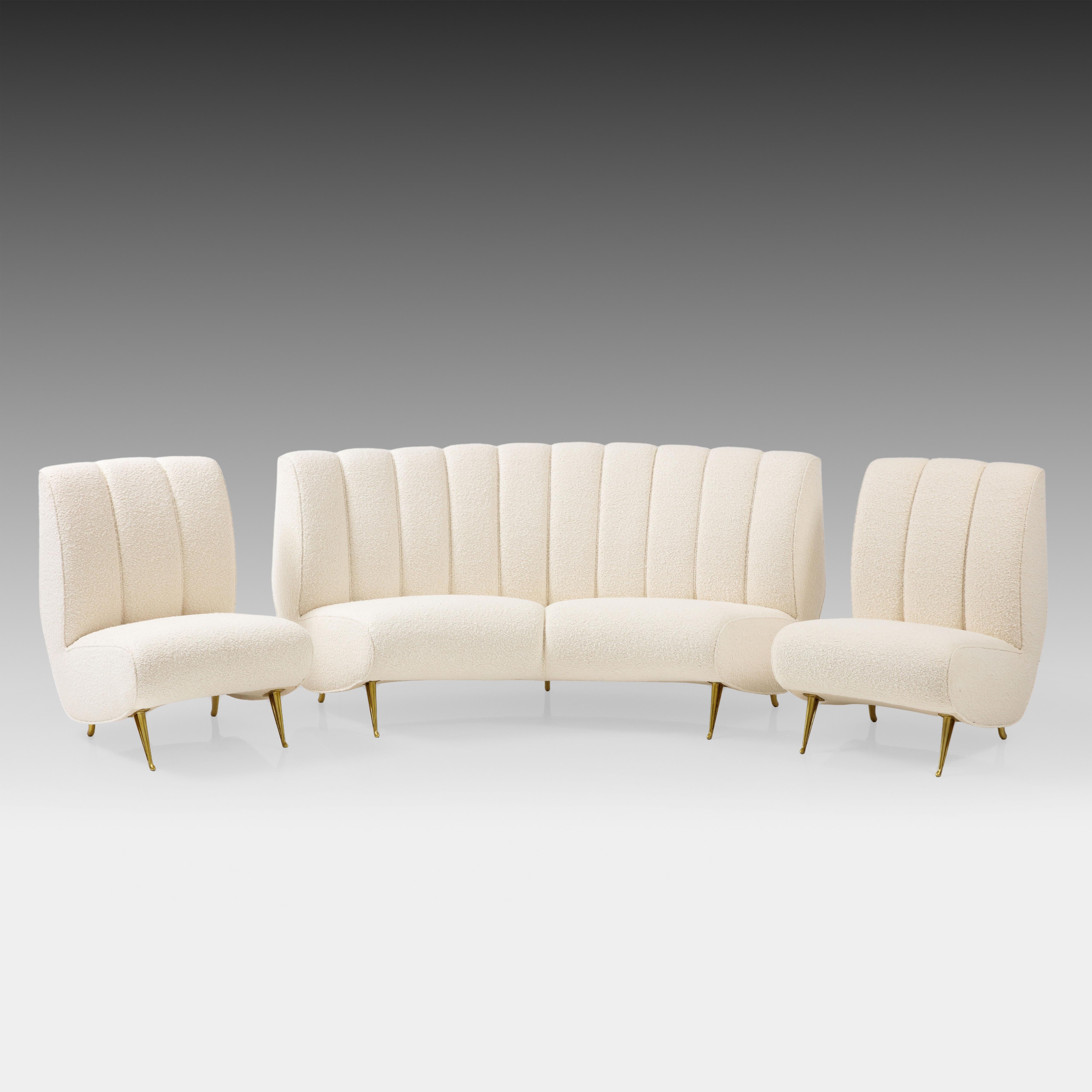 Italian ISA Bergamo Rare Set of Curved Settee and Pair of Lounge Chairs in Ivory Bouclé For Sale