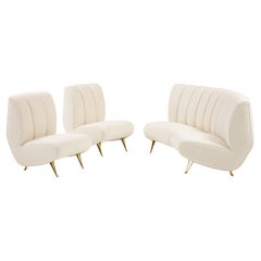 Vintage ISA Bergamo Rare Set of Curved Settee and Pair of Lounge Chairs in Ivory Bouclé