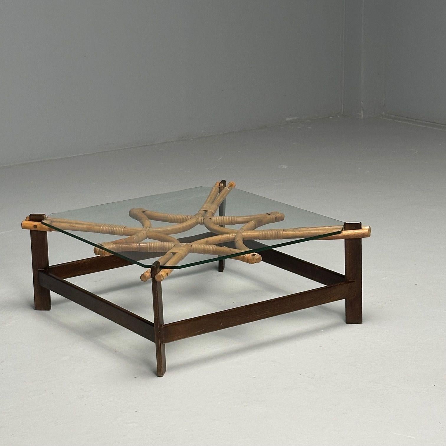 ISA, Italienischer quadratischer Mid-Century-Modern-Couchtisch, Holz, Bambus, Schilfrohr, 1980er Jahre im Angebot 2