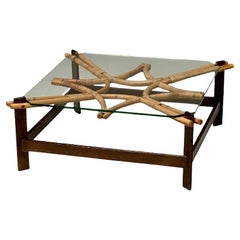 ISA, Italian Mid-Century Modern, Square Coffee Table, Wood, Bamboo, Cane, 1980s