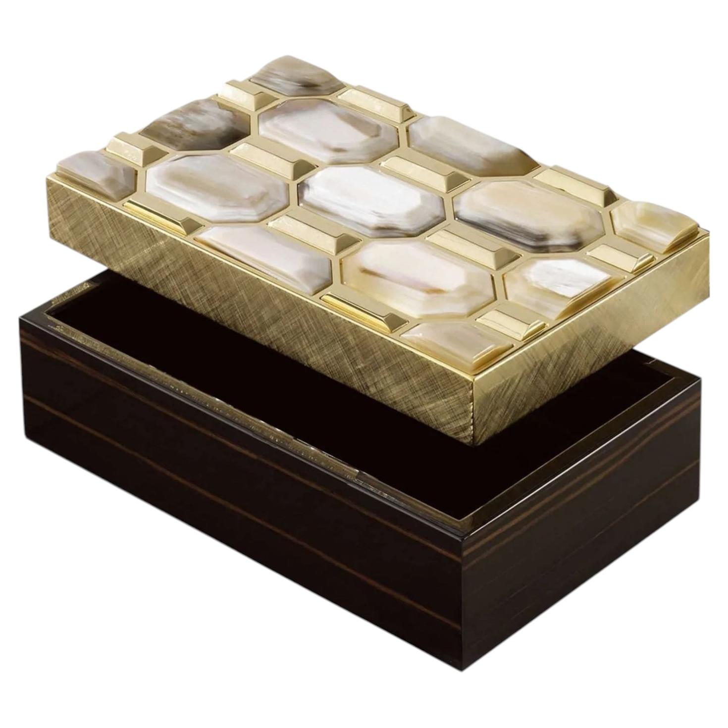 Isa Jewlery Box in Glossy Ebony, 24K Gold-Plated Brass, & Horn by Arcahorn For Sale