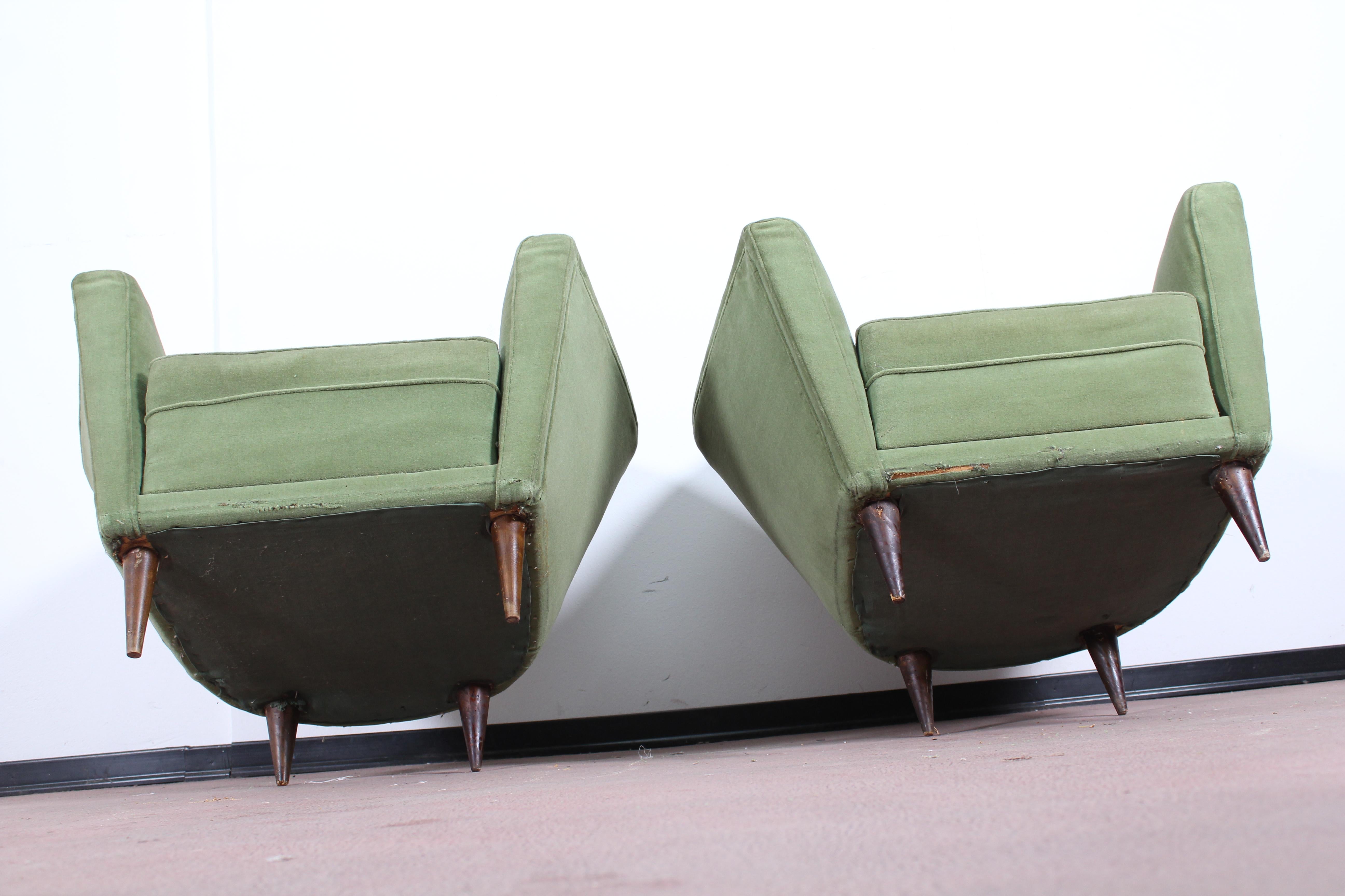 I.S.A. Midcentury Green Wooden Structure and Fabric Pair of Armchairs, 1950 6