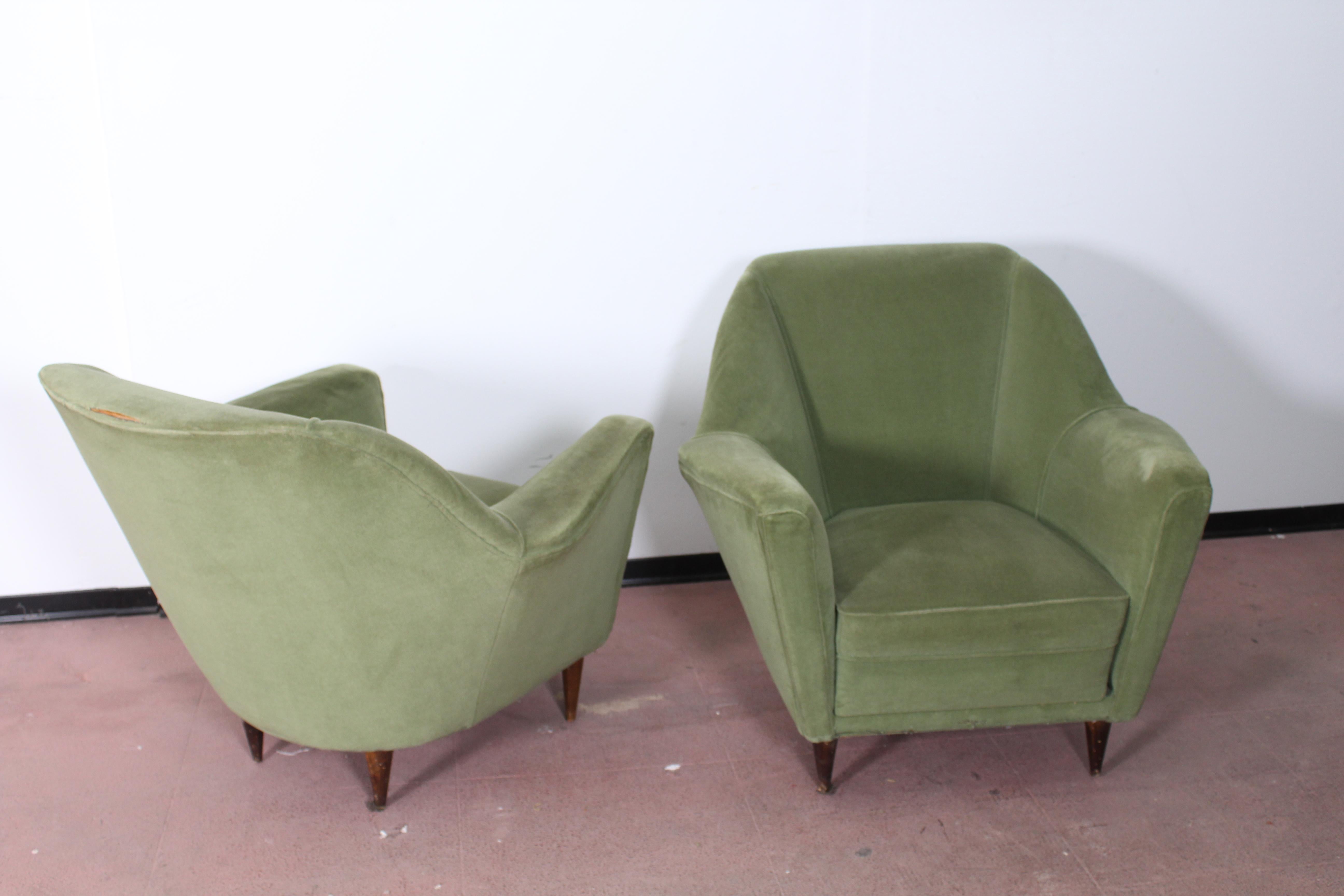 Mid-Century Modern I.S.A. Midcentury Green Wooden Structure and Fabric Pair of Armchairs, 1950