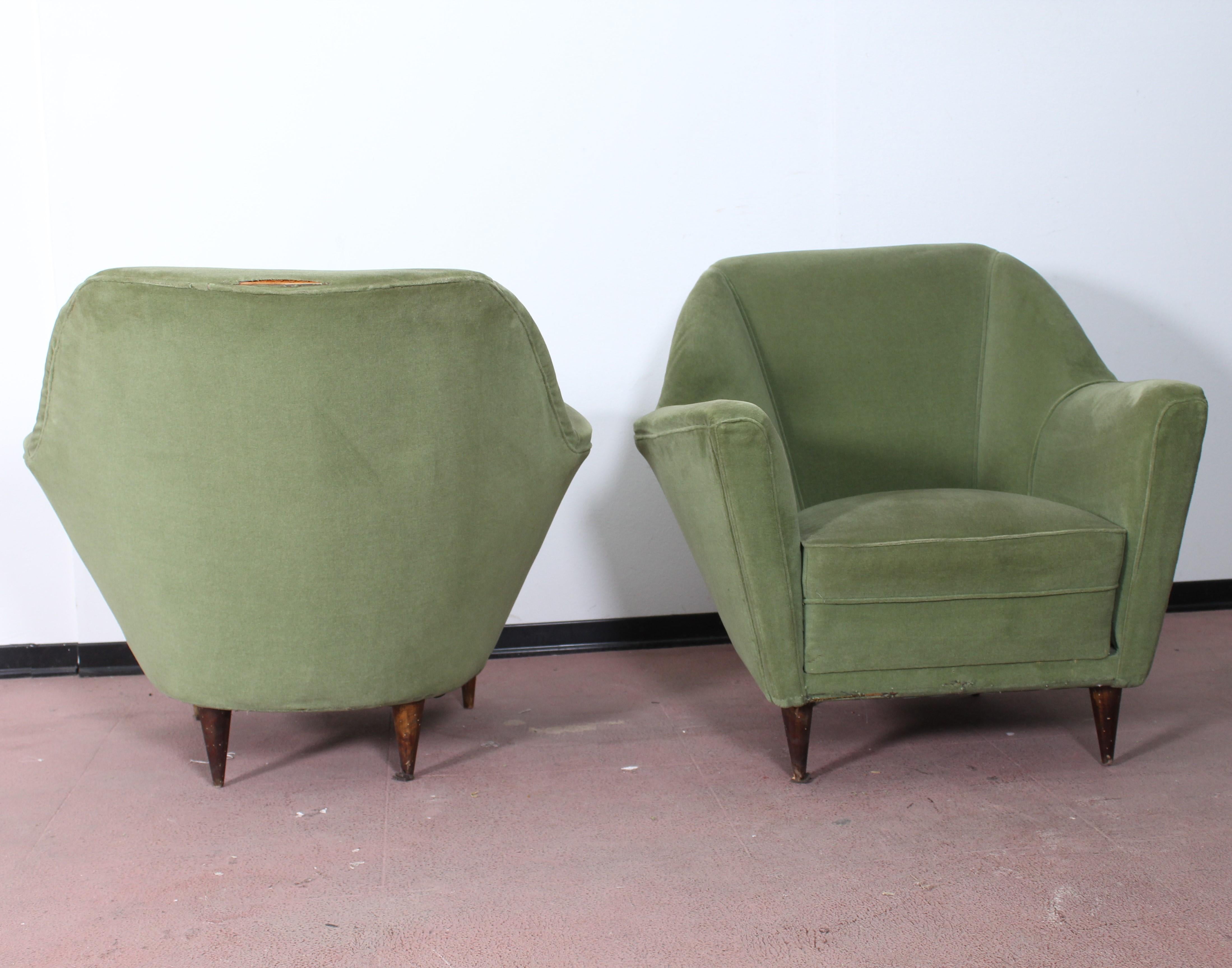 Italian I.S.A. Midcentury Green Wooden Structure and Fabric Pair of Armchairs, 1950