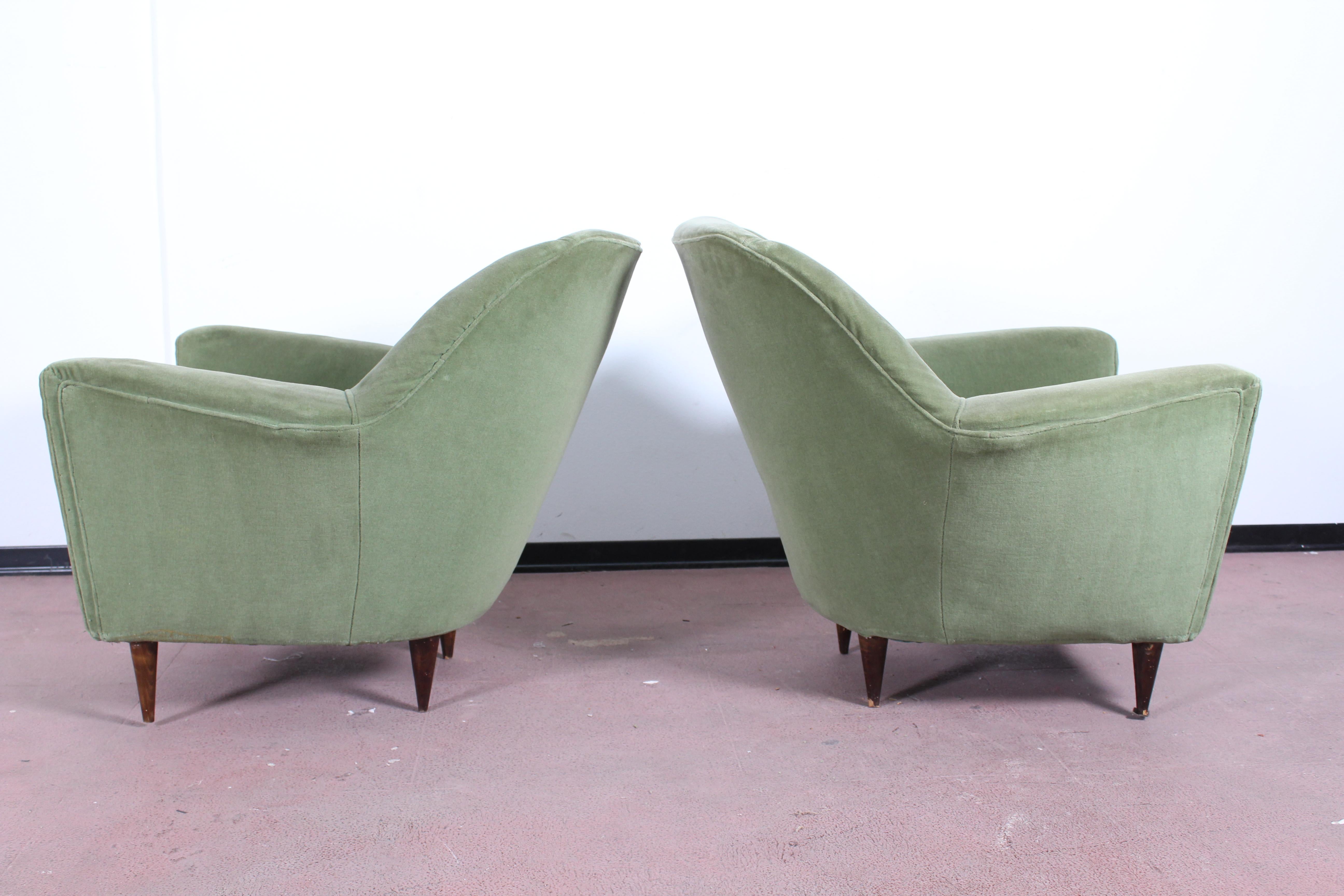 Mid-20th Century I.S.A. Midcentury Green Wooden Structure and Fabric Pair of Armchairs, 1950