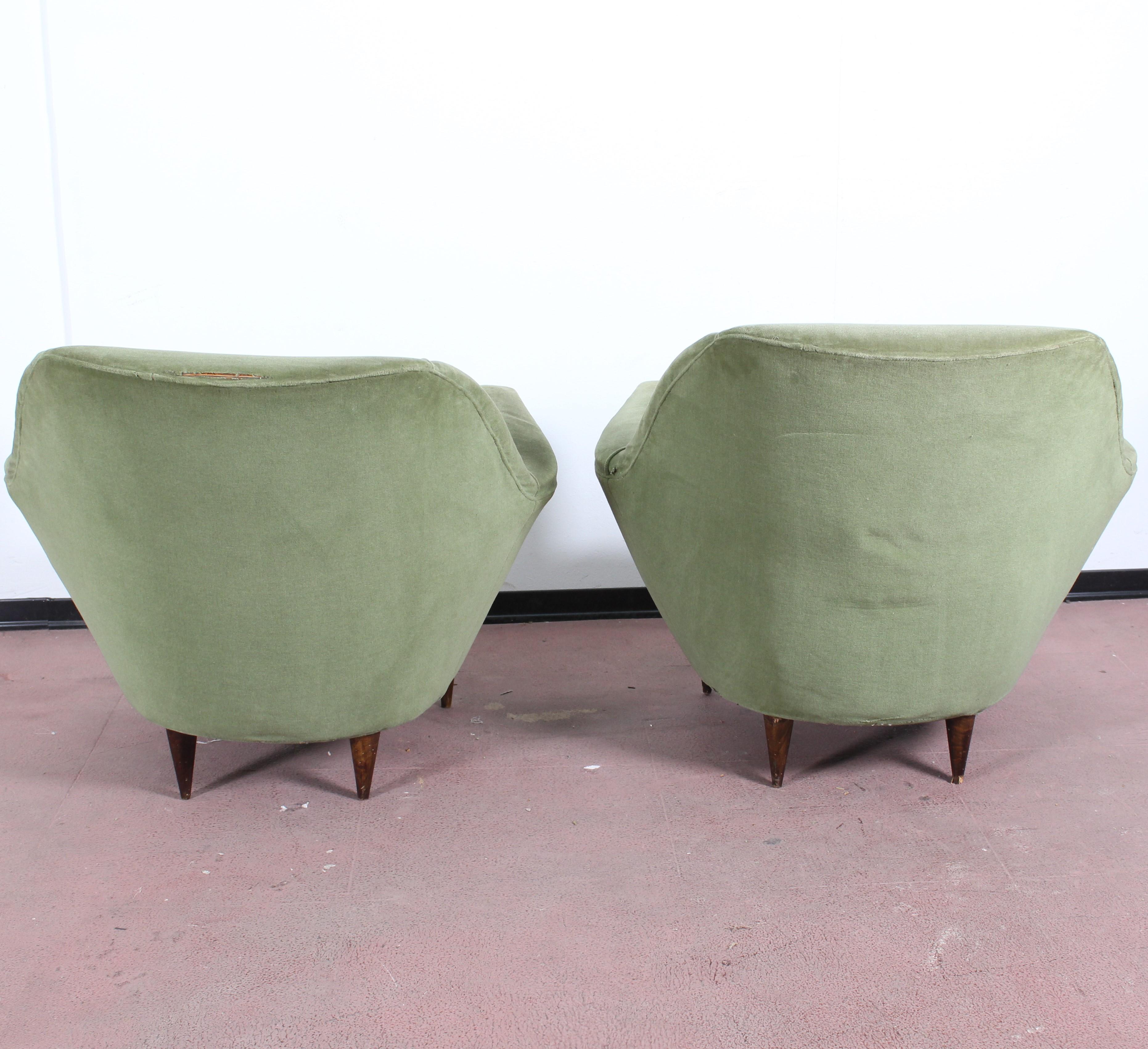 I.S.A. Midcentury Green Wooden Structure and Fabric Pair of Armchairs, 1950 1