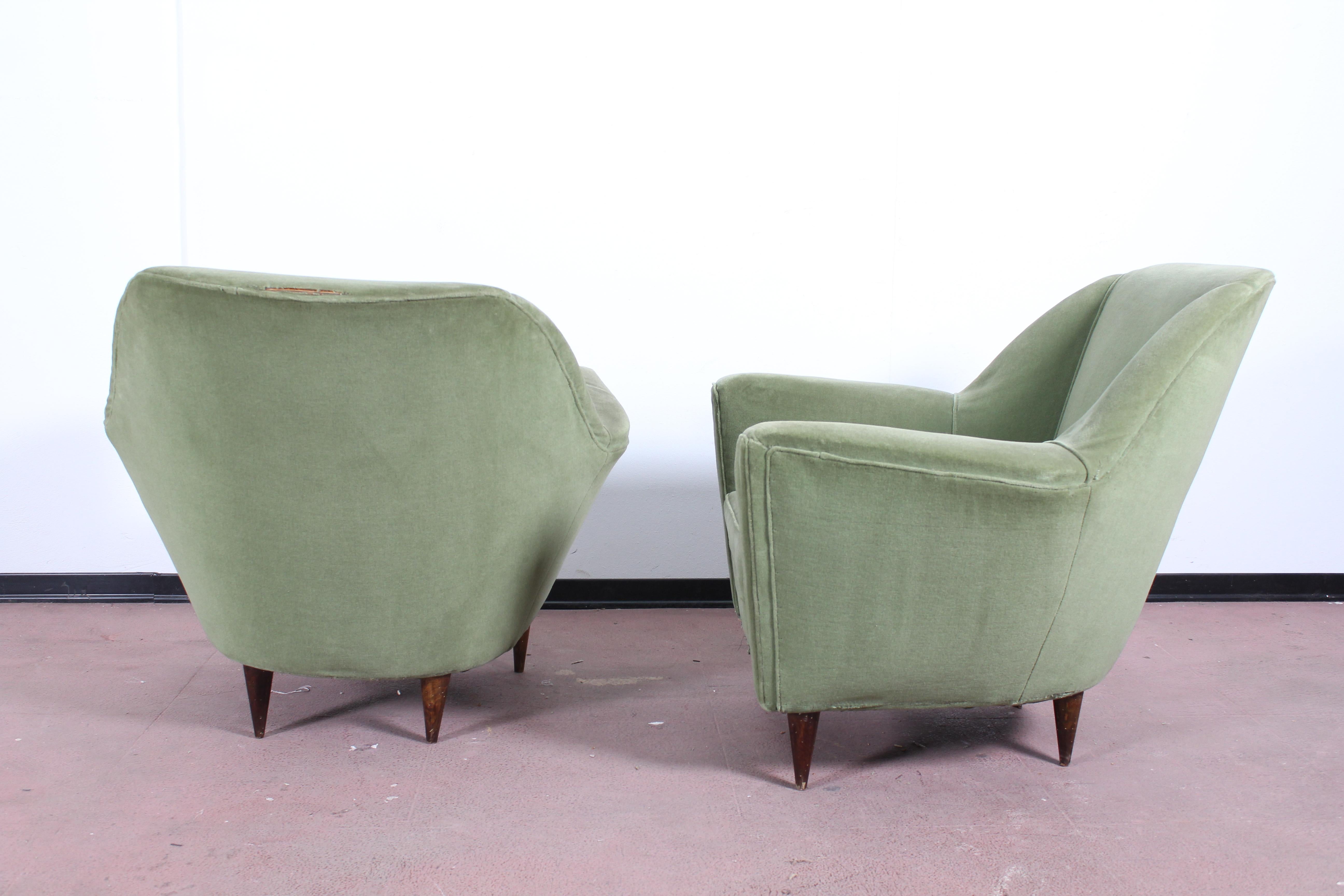 I.S.A. Midcentury Green Wooden Structure and Fabric Pair of Armchairs, 1950 2