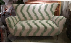 ISA of Bergamo, Iron, Brass Legs, Green Velvet & Linen Midcentury Sofa, 1950