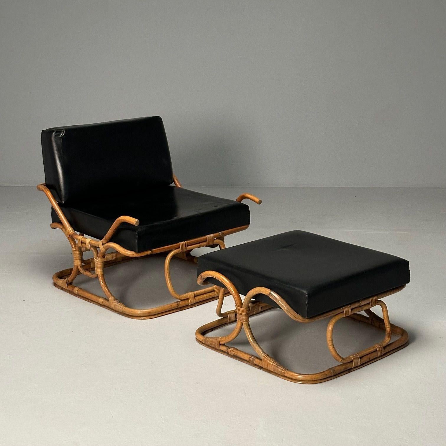 ISA Ponte San Pietro, Italian Mid-Century Modern, Armchair, Ottoman, Rattan In Good Condition For Sale In Manhasset, NY