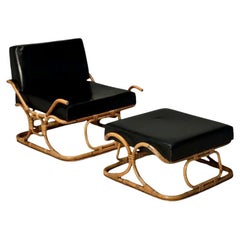 ISA Ponte San Pietro, Italian Mid-Century Modern, Armchair, Ottoman, Rattan