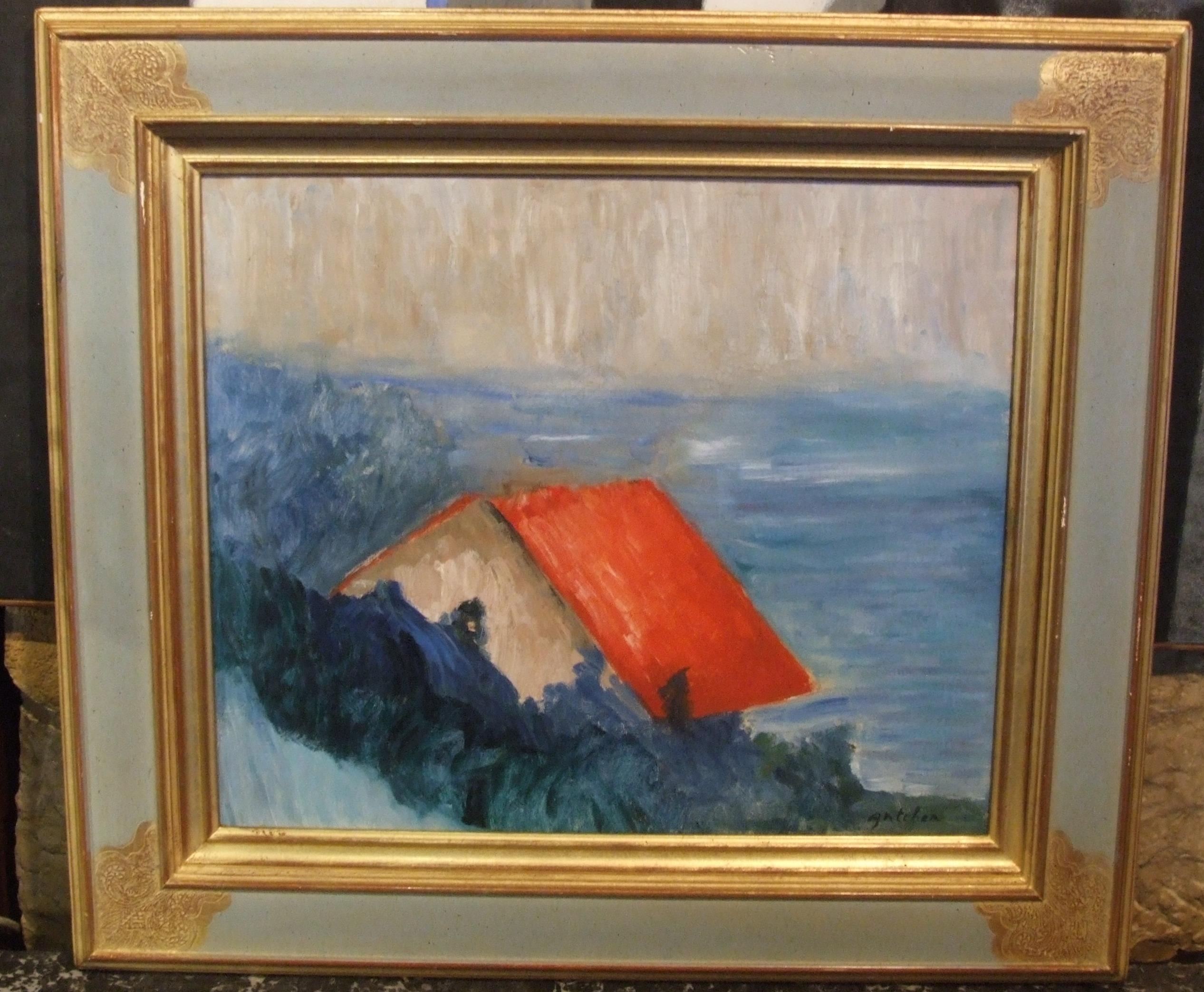 Red roof over the sea - Post-Impressionist Painting by Isaac Antcher
