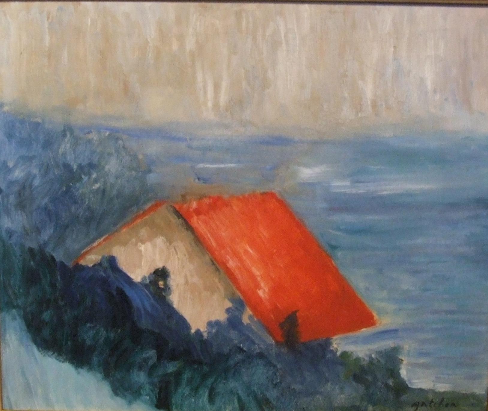 Isaac Antcher Figurative Painting - Red roof over the sea