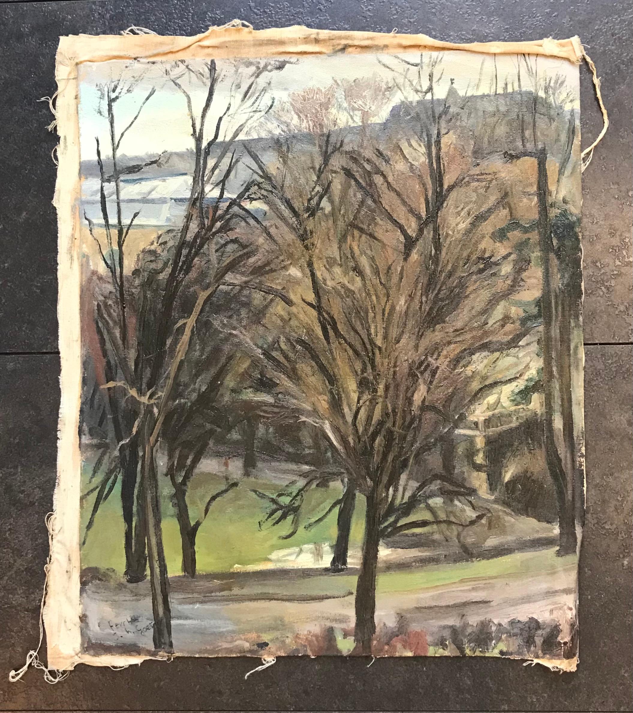 arbres dénudés d'Isaac Ch. Goetz - Huile sur toile 45x54 cm - Painting de Isaac Charles Goetz