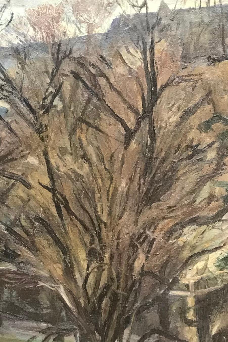 arbres dénudés d'Isaac Ch. Goetz - Huile sur toile 45x54 cm - Gris Landscape Painting par Isaac Charles Goetz