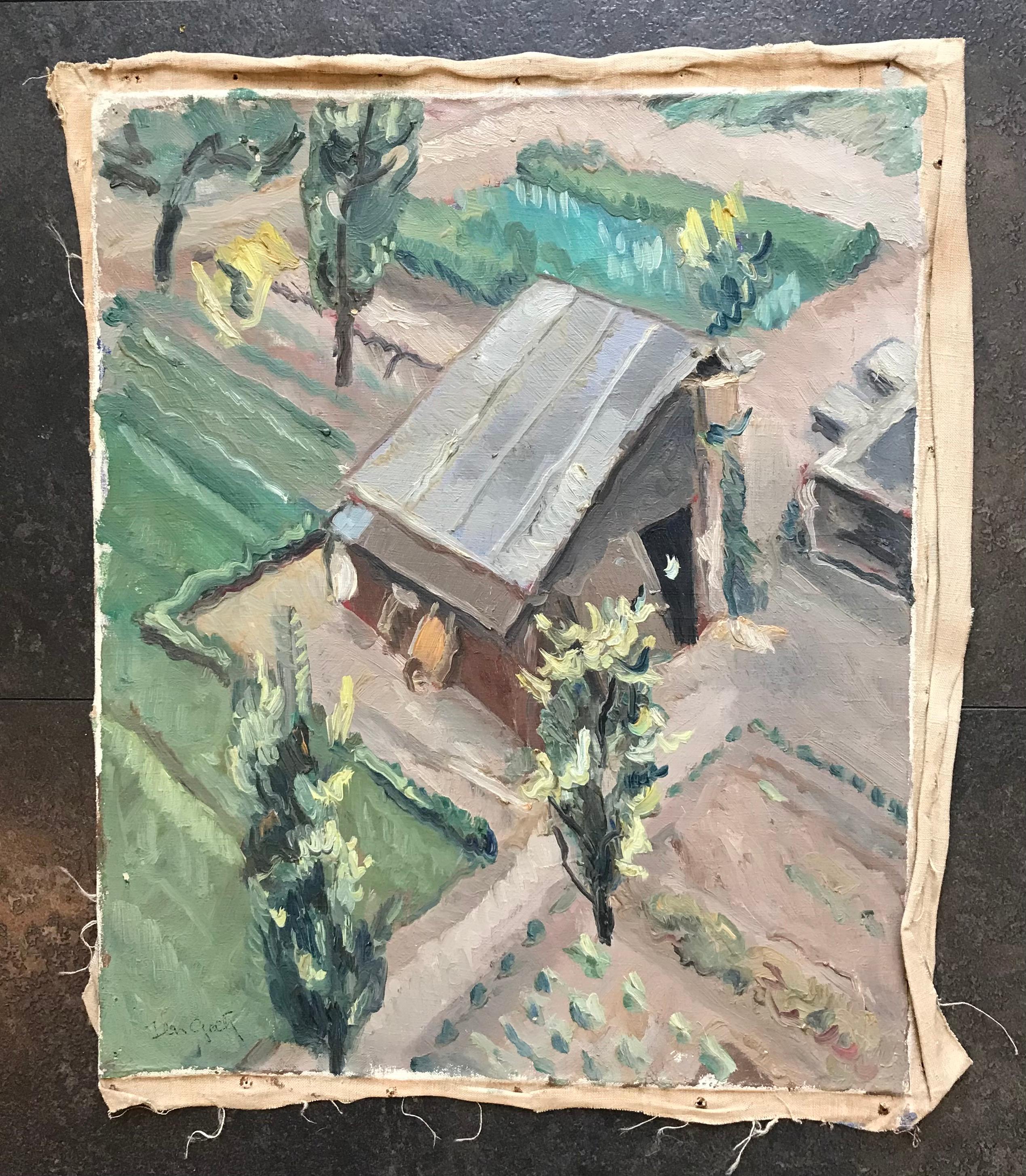 Barn view from above by I. Ch. Goetz - Oil on canvas 38x46 cm - Painting by Isaac Charles Goetz