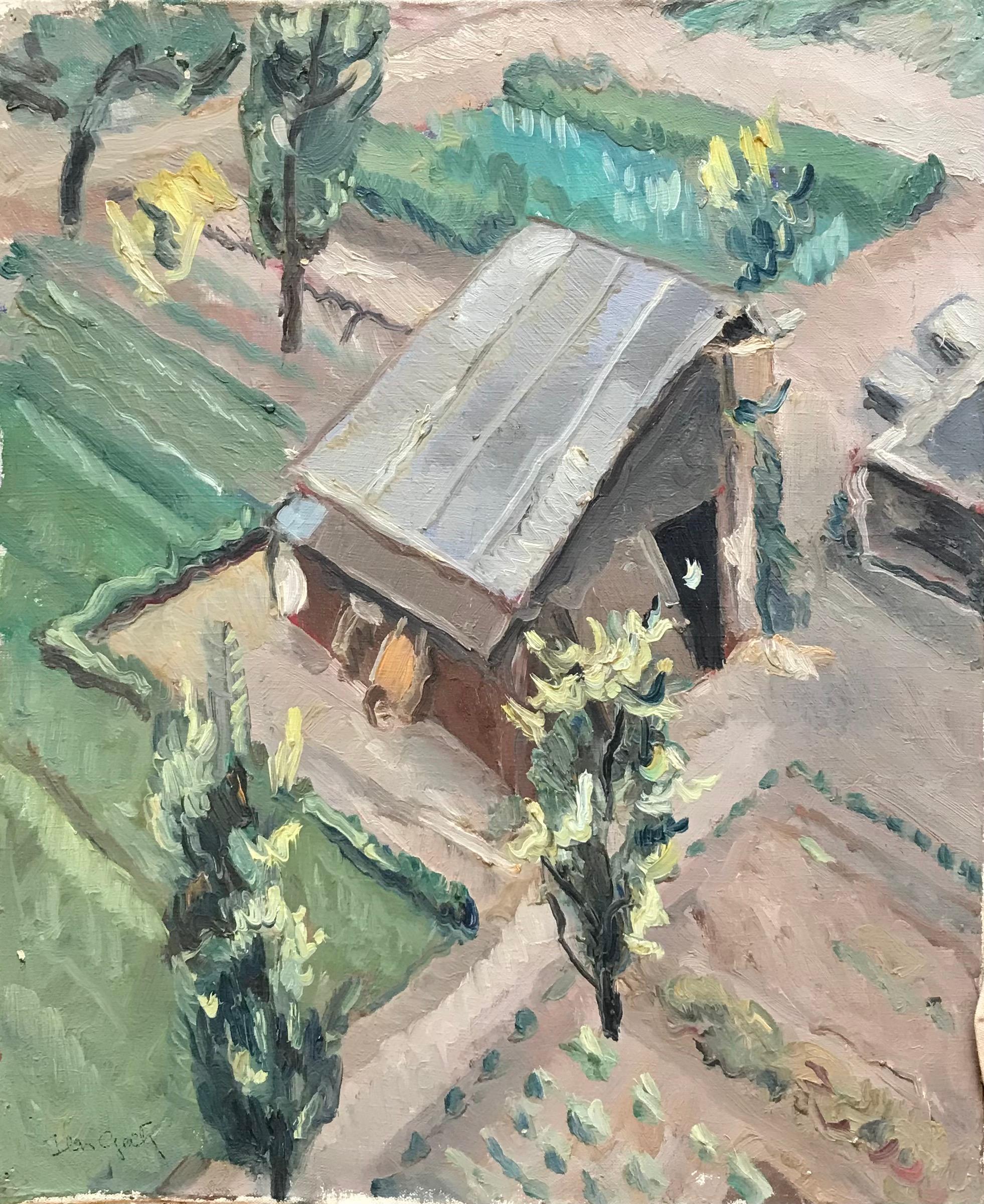 Isaac Charles Goetz Landscape Painting - Barn view from above by I. Ch. Goetz - Oil on canvas 38x46 cm