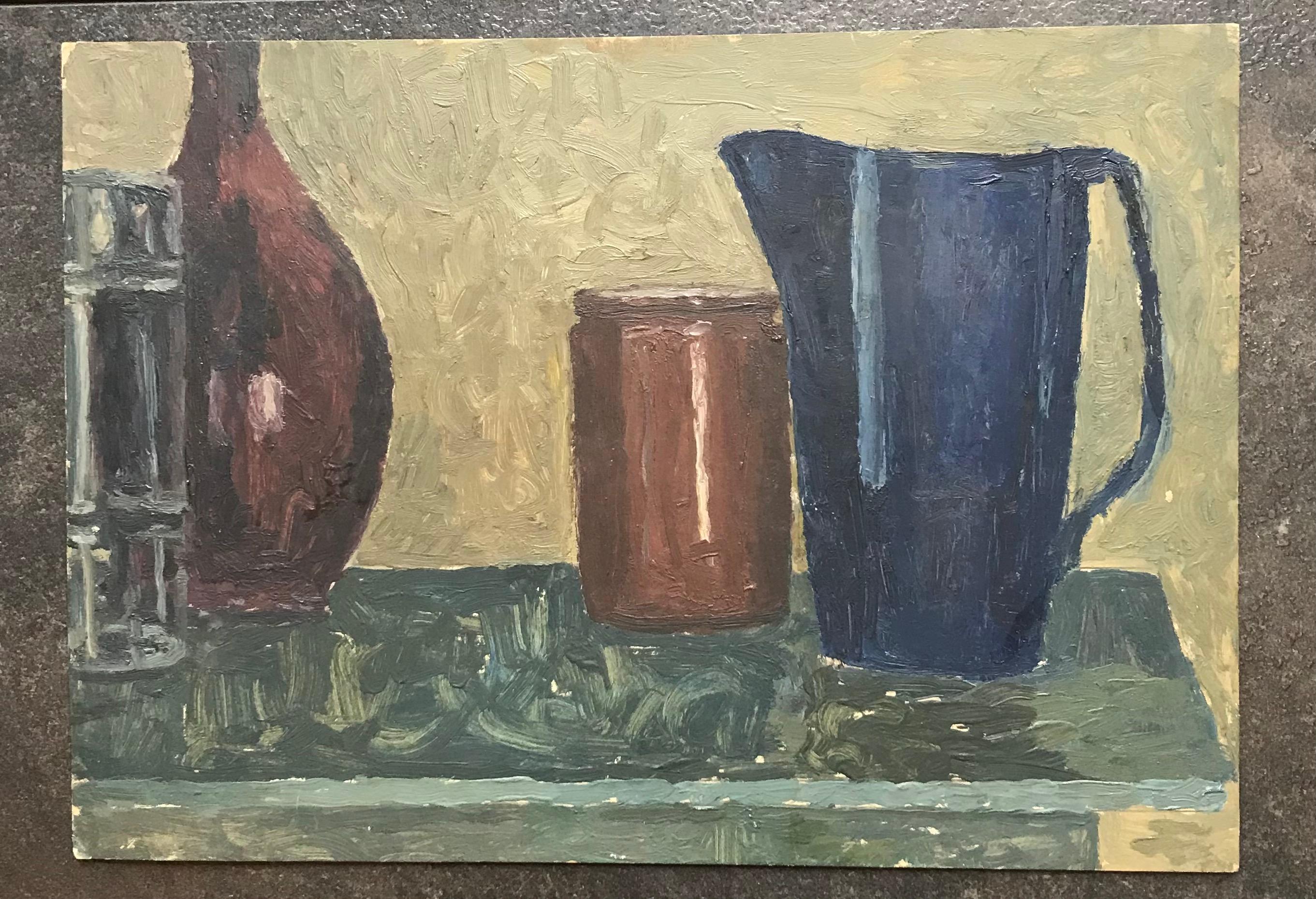 Carafe, pot and brau by I. Charles Goetz - Oil on cardboard 29x41 cm - Painting by Isaac Charles Goetz