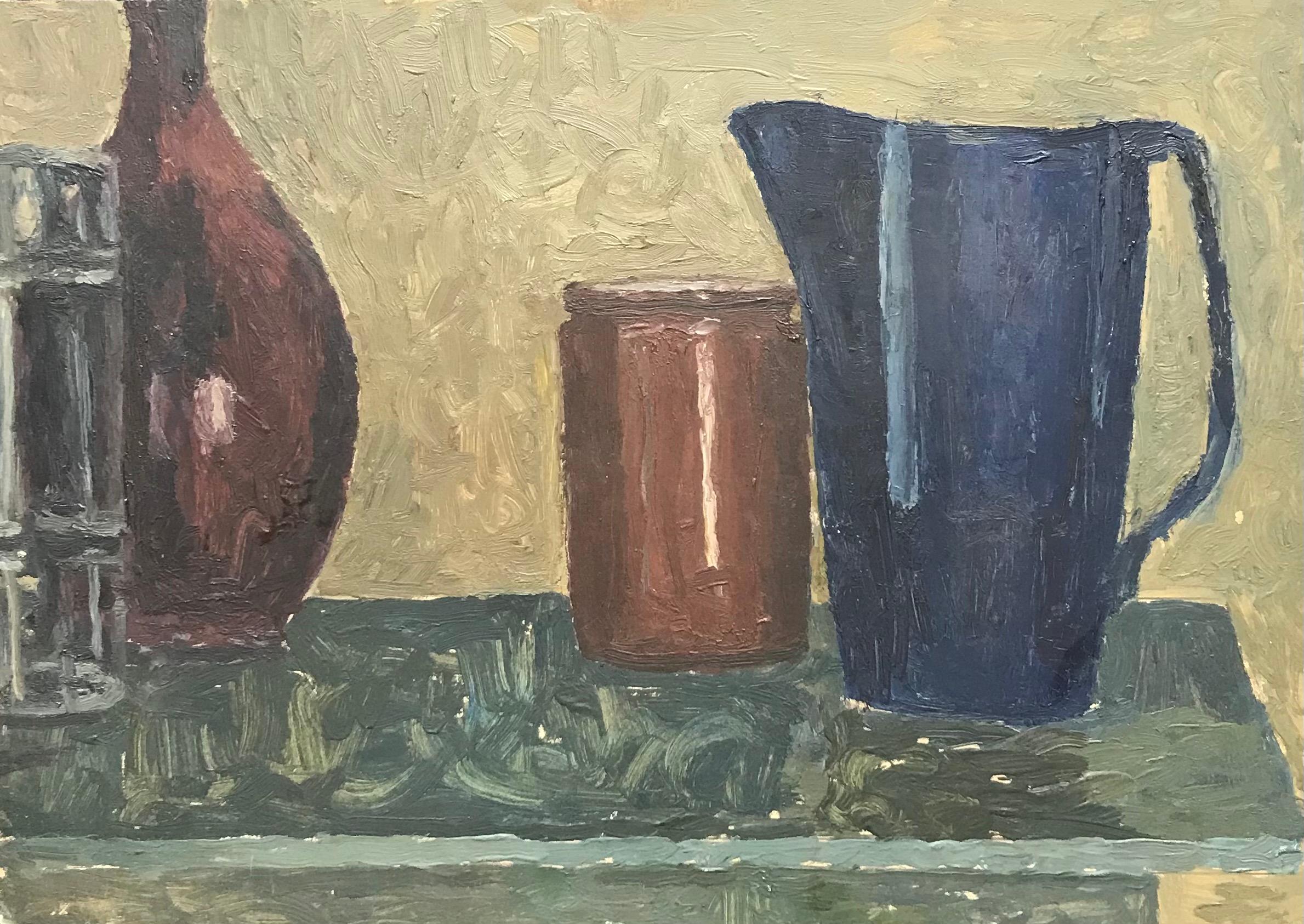 Carafe, pot and brau par I. Charles Goetz - Huile sur carton 29x41 cm