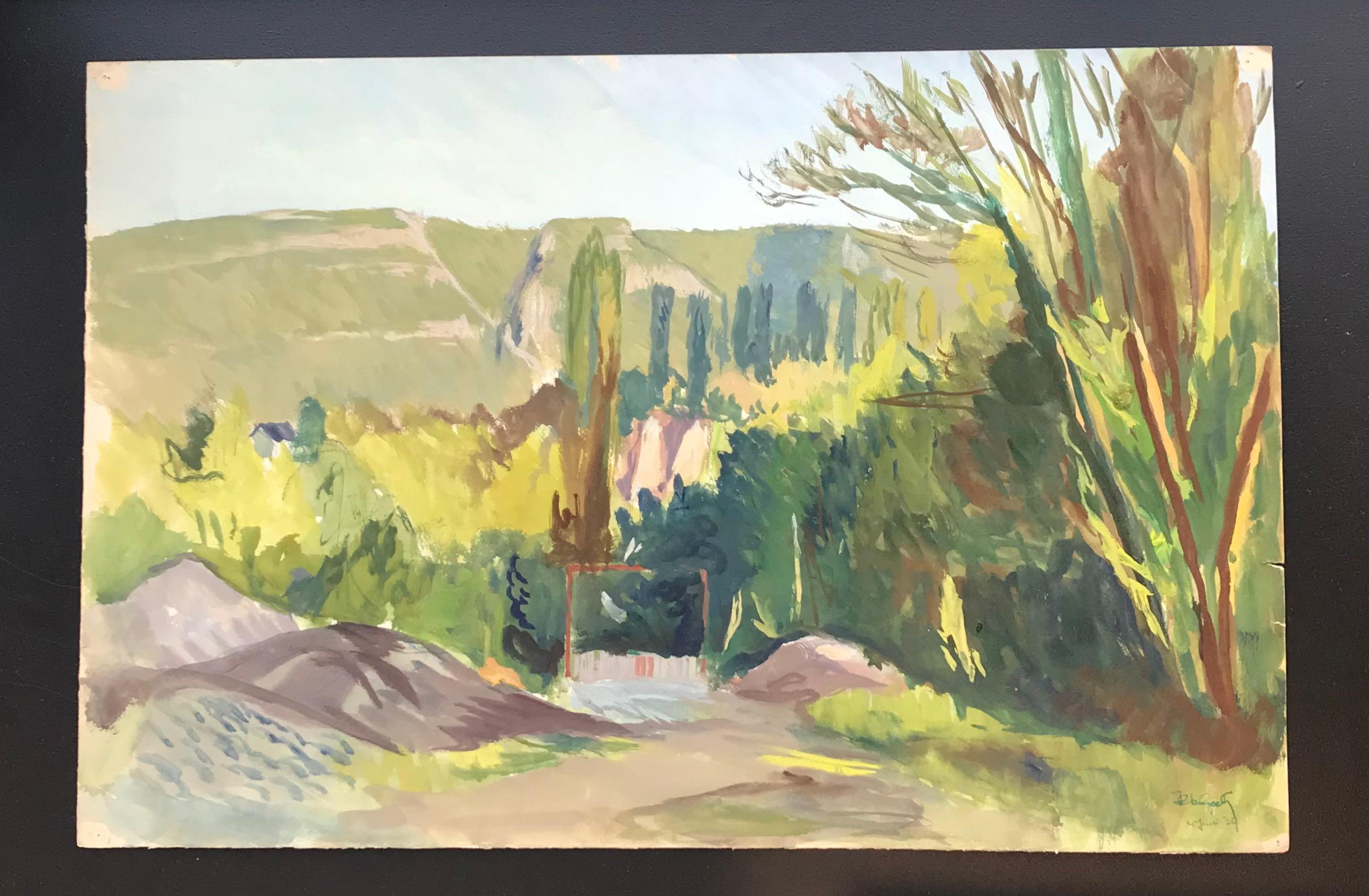 The Salève mountain, Geneva by I. Ch. Goetz - Gouache on paper 36x54 cm - Painting by Isaac Charles Goetz