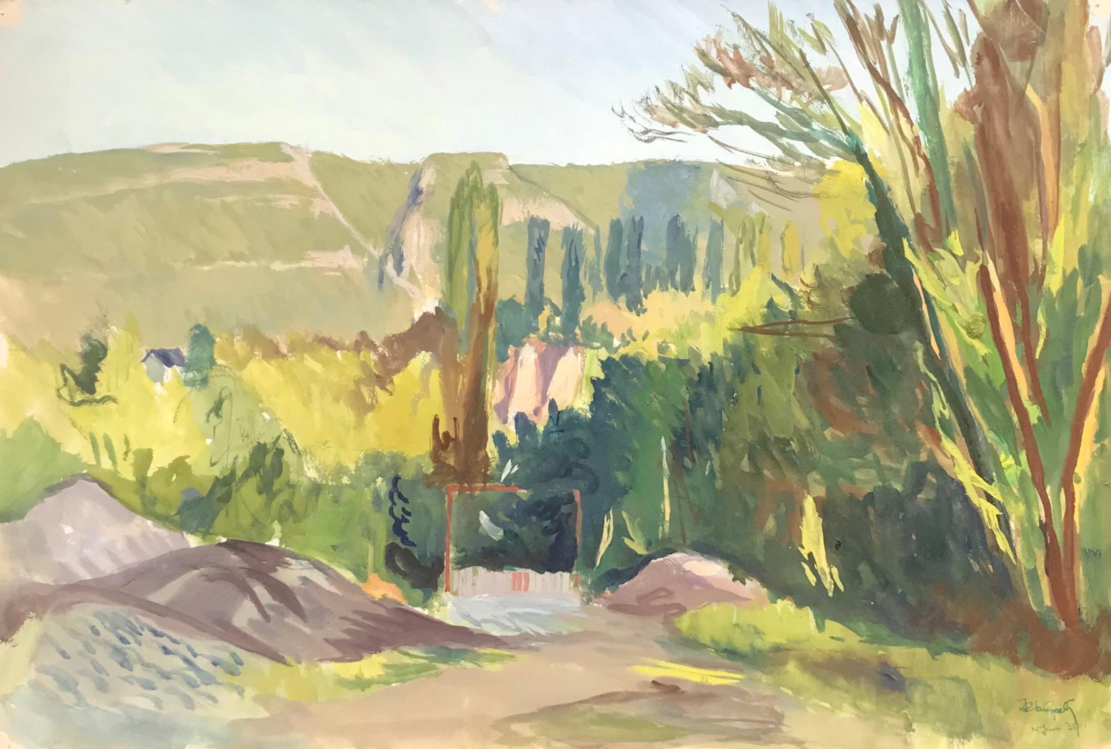 Isaac Charles Goetz Landscape Painting - The Salève mountain, Geneva by I. Ch. Goetz - Gouache on paper 36x54 cm