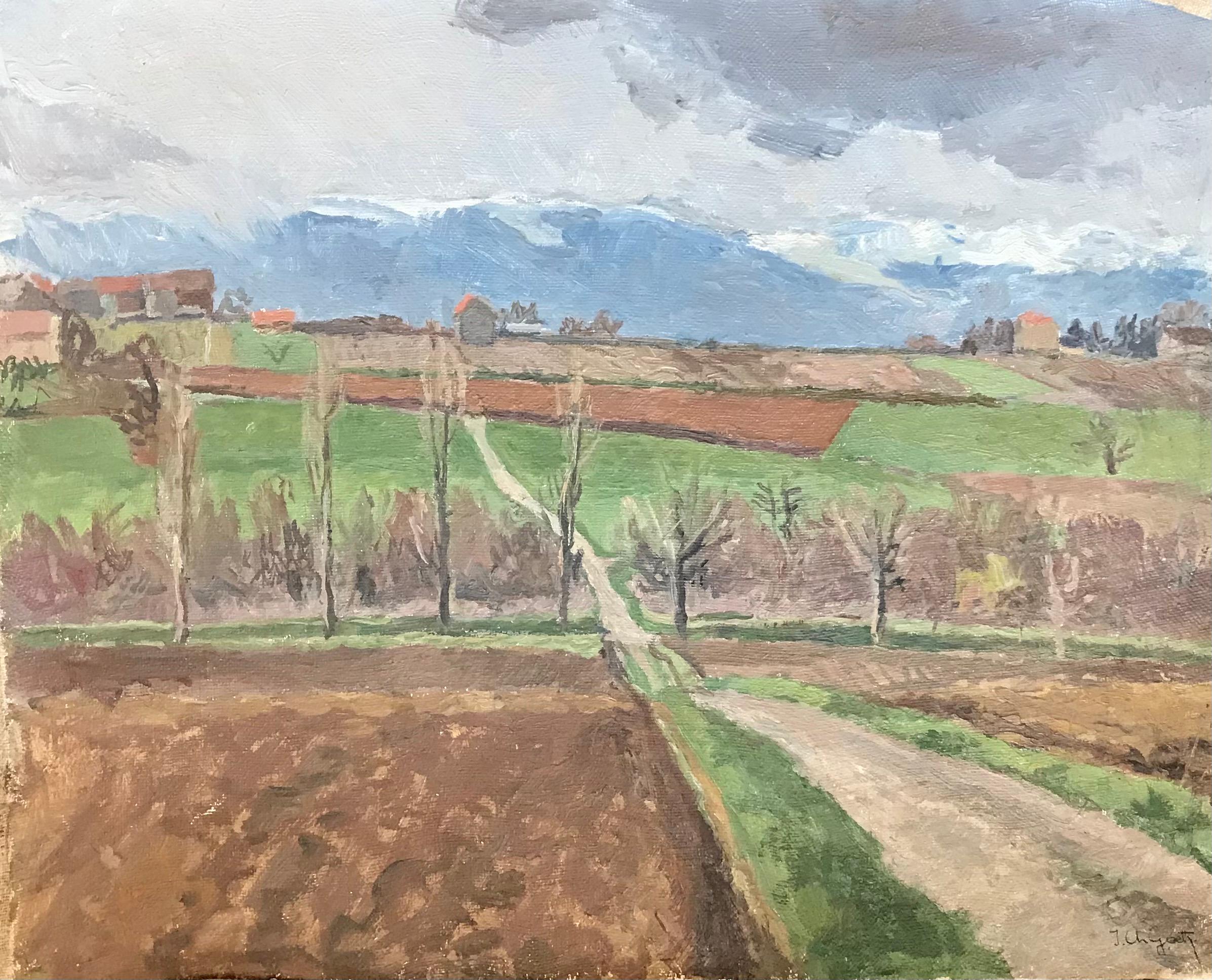 Landscape Painting Isaac Charles Goetz - À travers les champs et les vues de montagnes par I. Ch. Goetz - Huile sur toile 50x61 cm