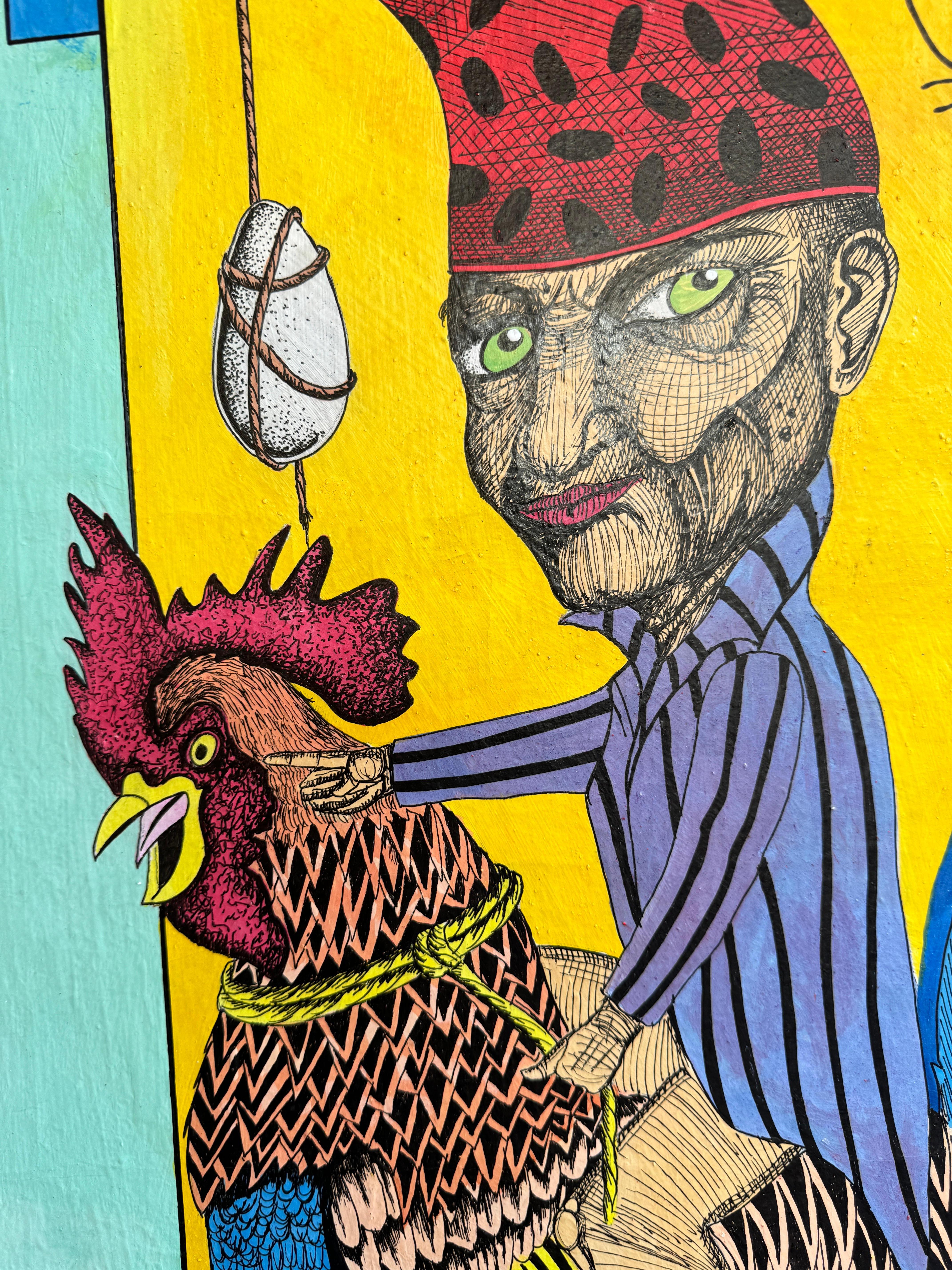 Alla ricerca del surrealista cubano preferito dalla gallina - Figurative Painting Beige di Isaac Crespo