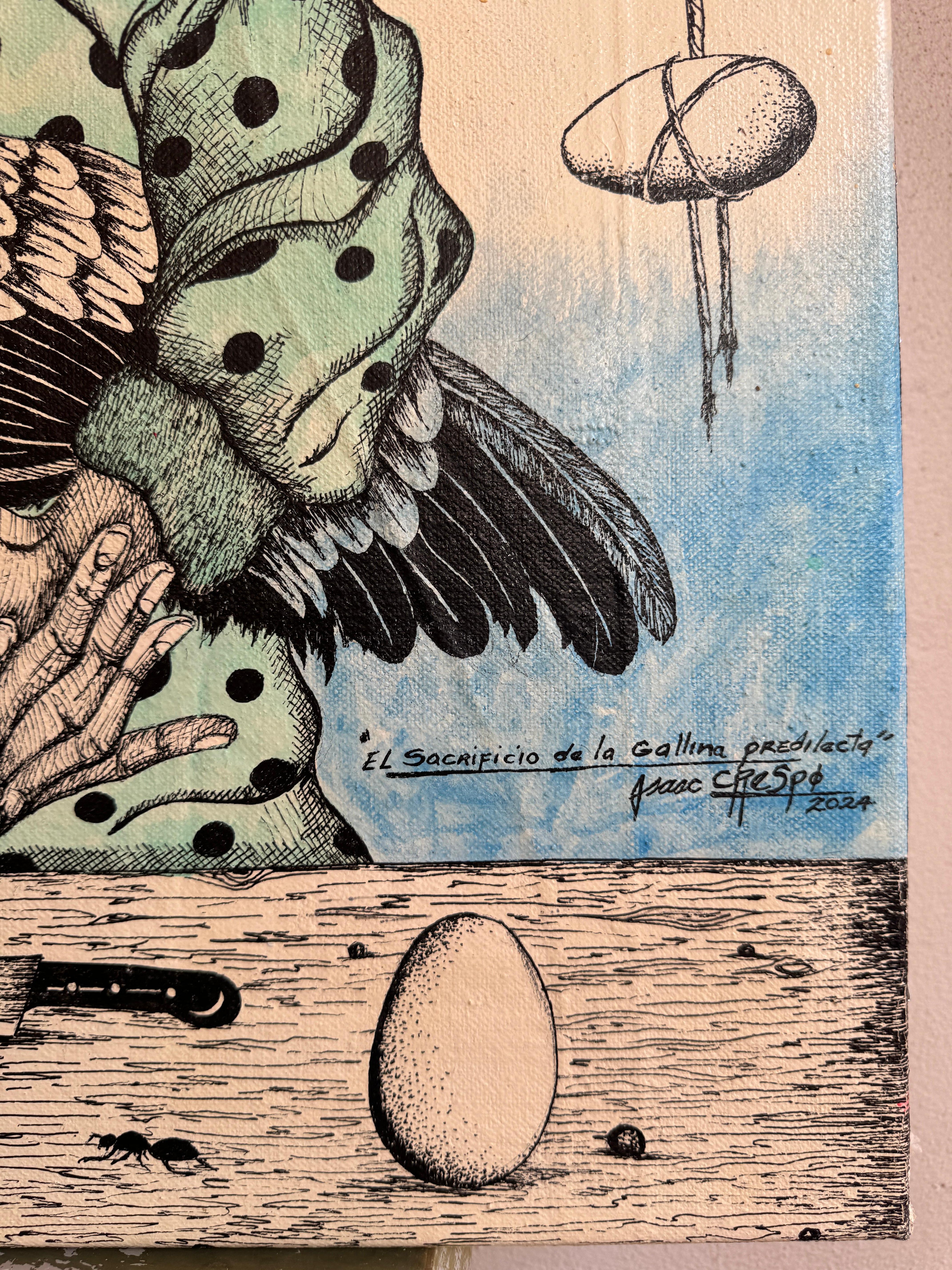 Il sacrificio della gallina preferita Surrealista cubano - Painting di Isaac Crespo
