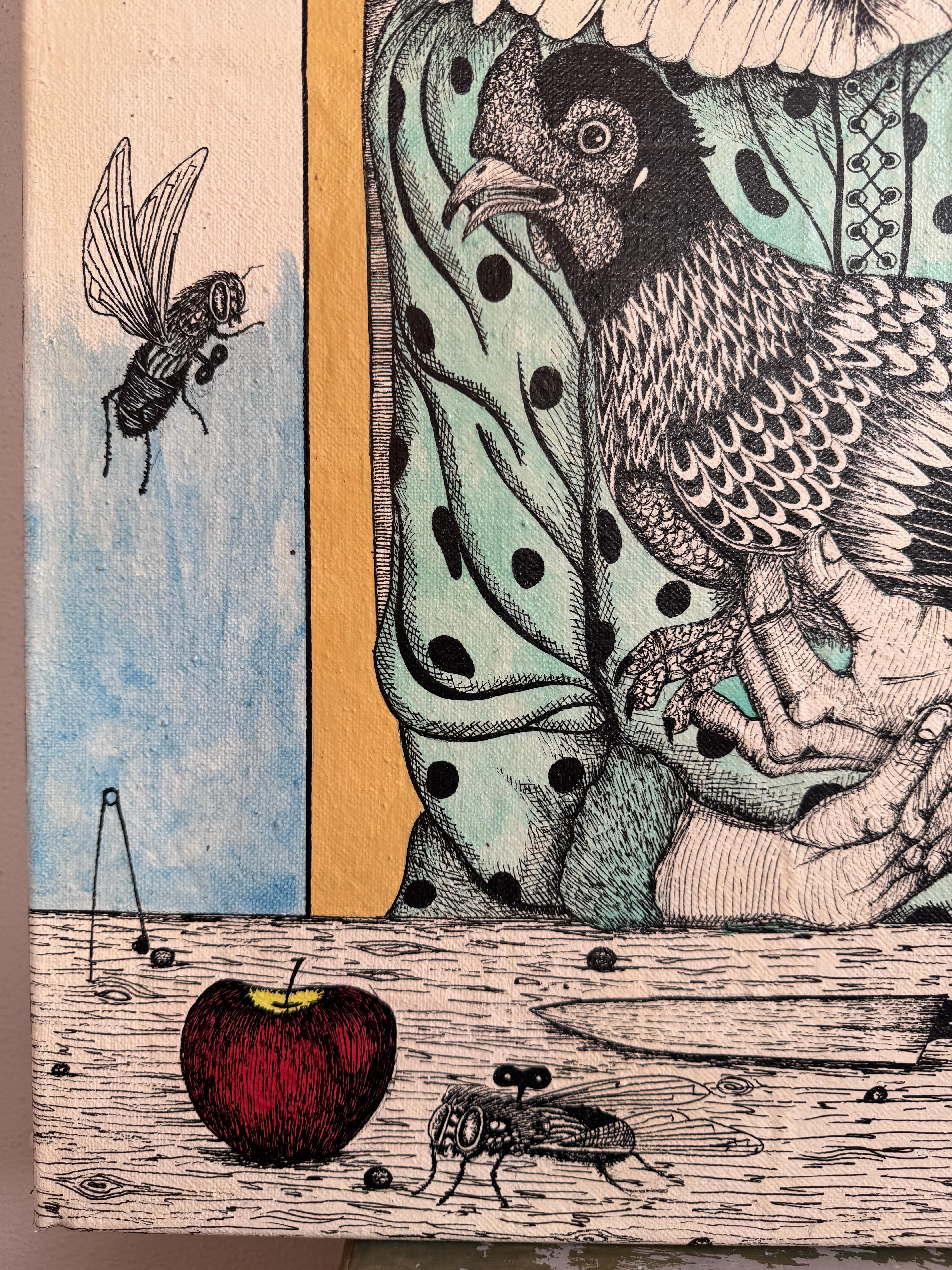 Il sacrificio della gallina preferita Surrealista cubano - Painting Surrealismo di Isaac Crespo