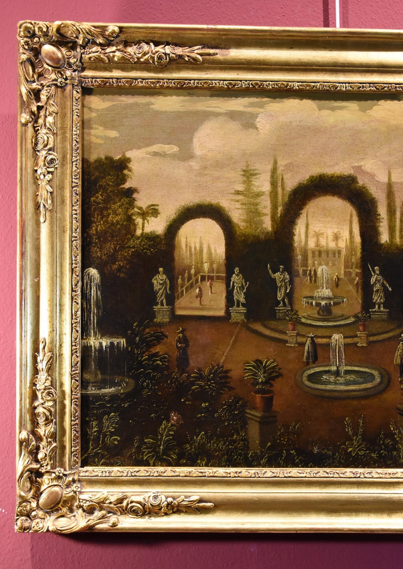 Flemish painter active in Rome in the 17th-18th centuries
Circle of Isaac de Moucheron (Amsterdam 1667 - 1744)
Italian garden with water features in a villa

Oil on canvas (49 x 65 cm. - In gilded frame 61 x 77 cm.)

We are delighted to present this